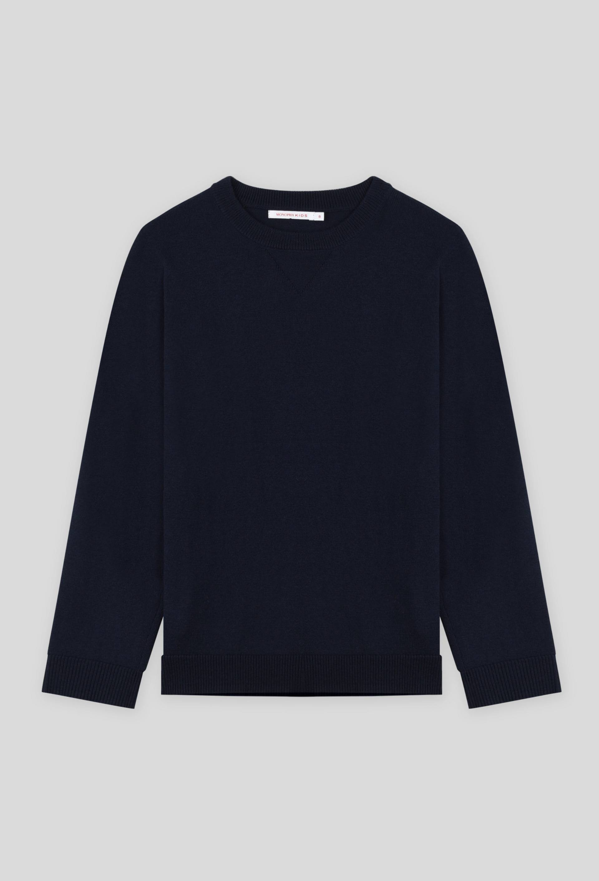 Pull col rond en coton et laine OEKOTEX, Bleu fonc&eacute;, large image number 0