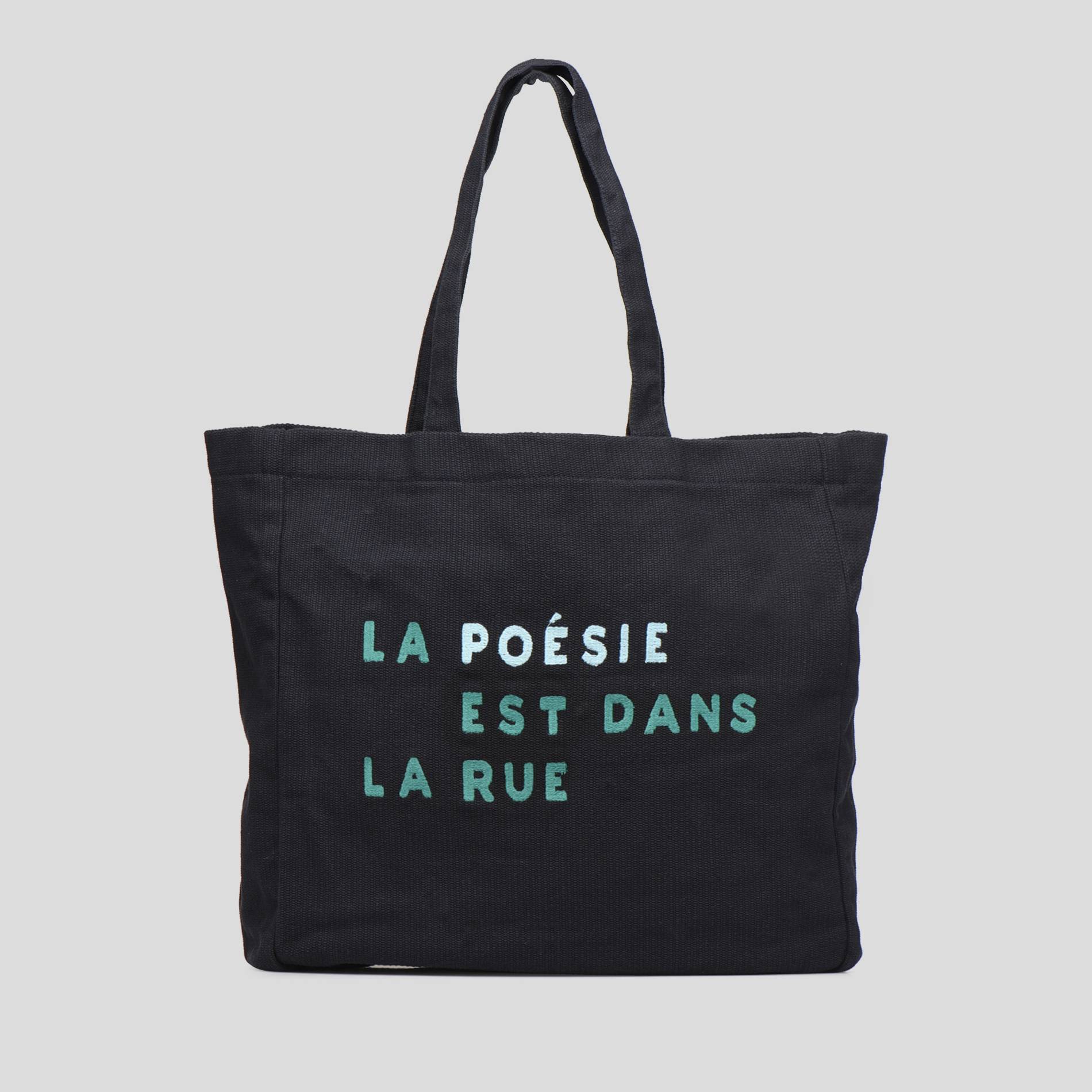 Cabas en toile de coton recycle avec broderie"la poesie est dans la rue", Emeraude, large image number 0