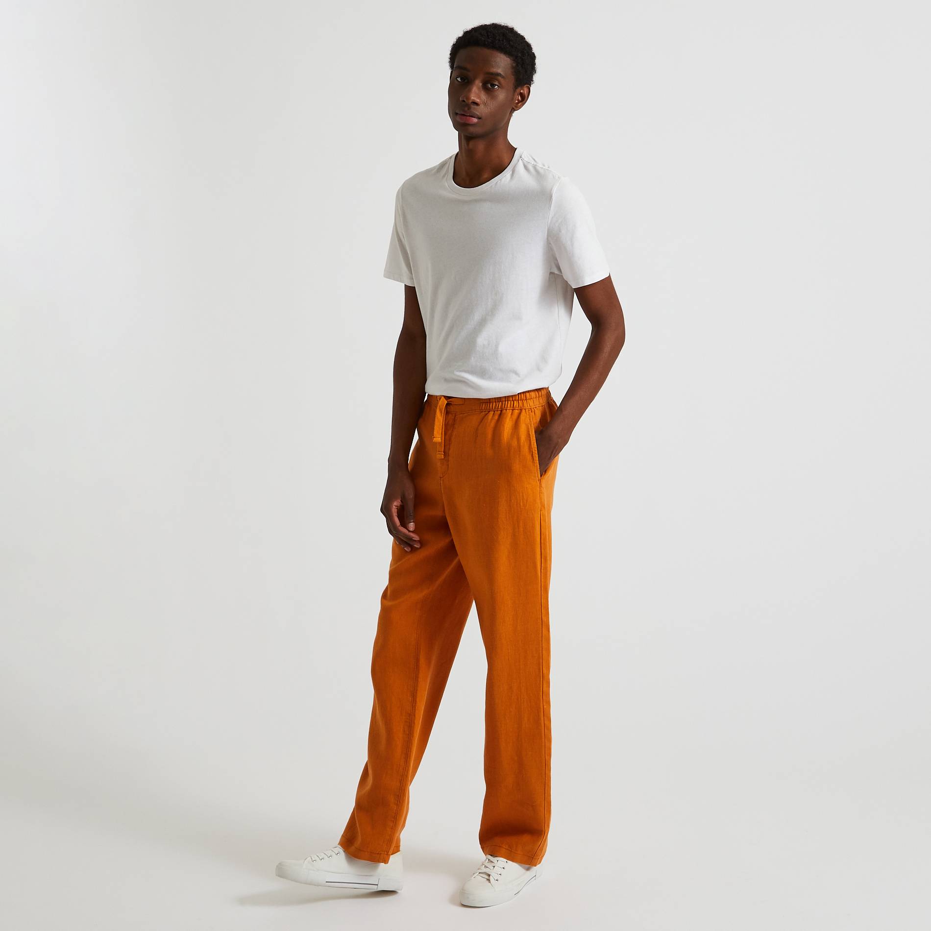 Pantalon en lin regular à taille élastique, Jaune, large image number 0.0