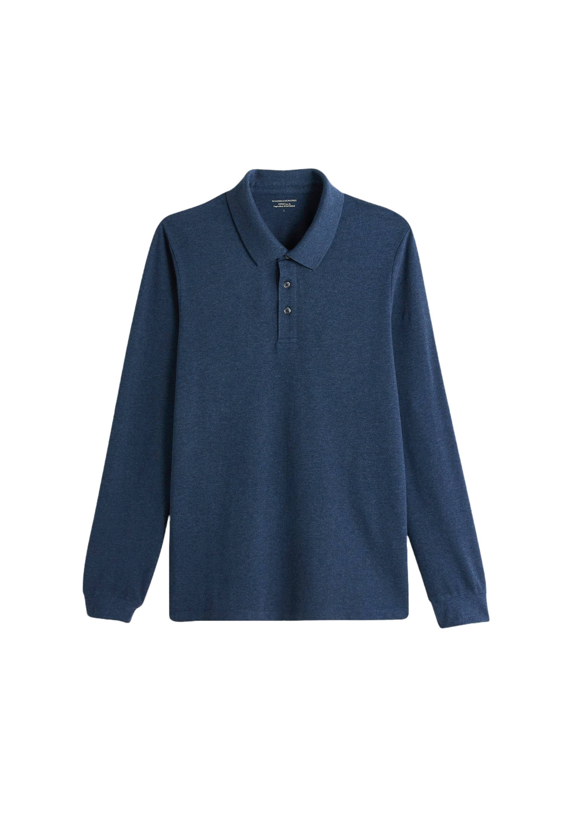Polo piqué manches longues en coton BIO, Bleu foncé, large image number 5