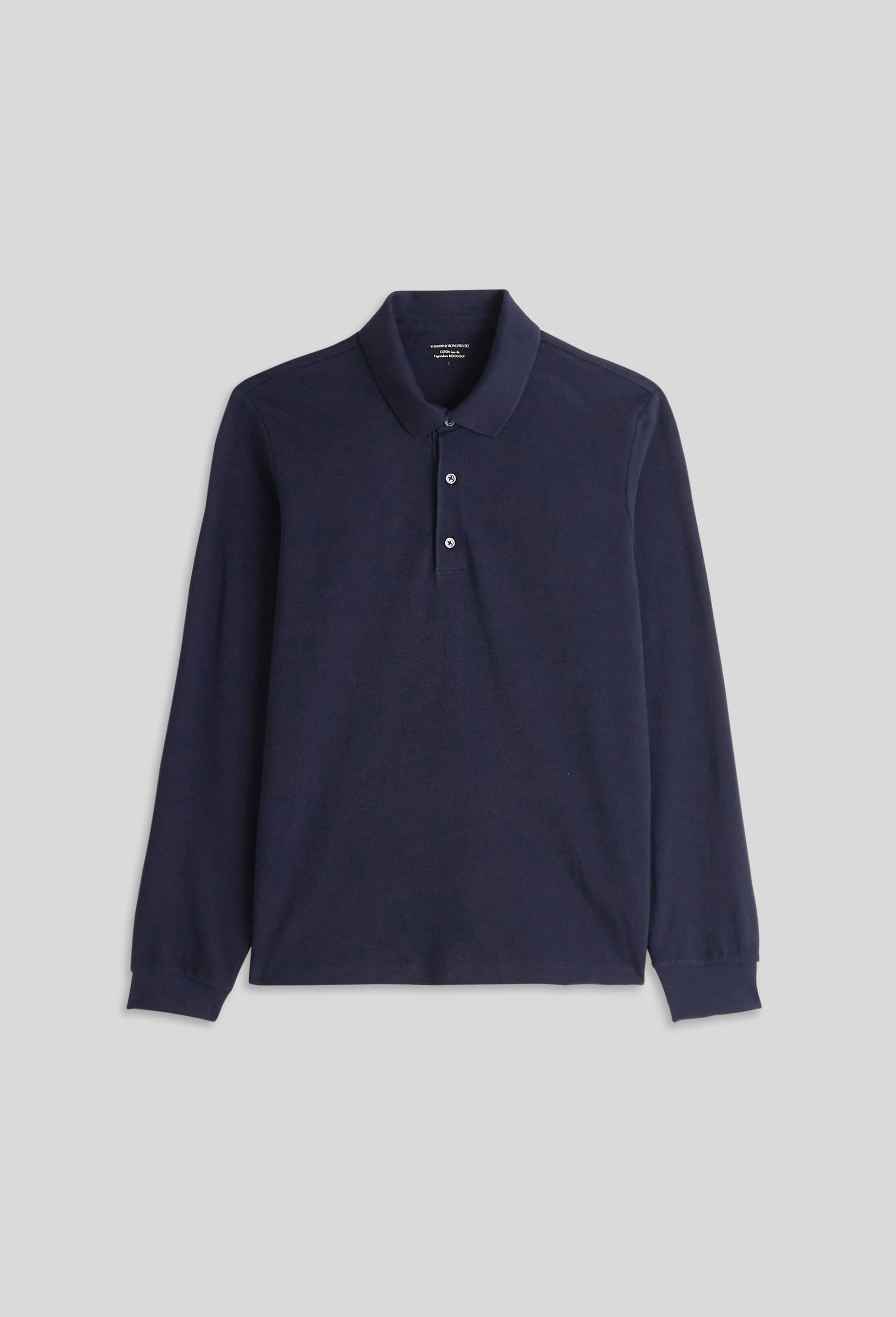 Polo piqu&eacute; manches longues en coton BIO, Bleu fonc&eacute;, large image number 2
