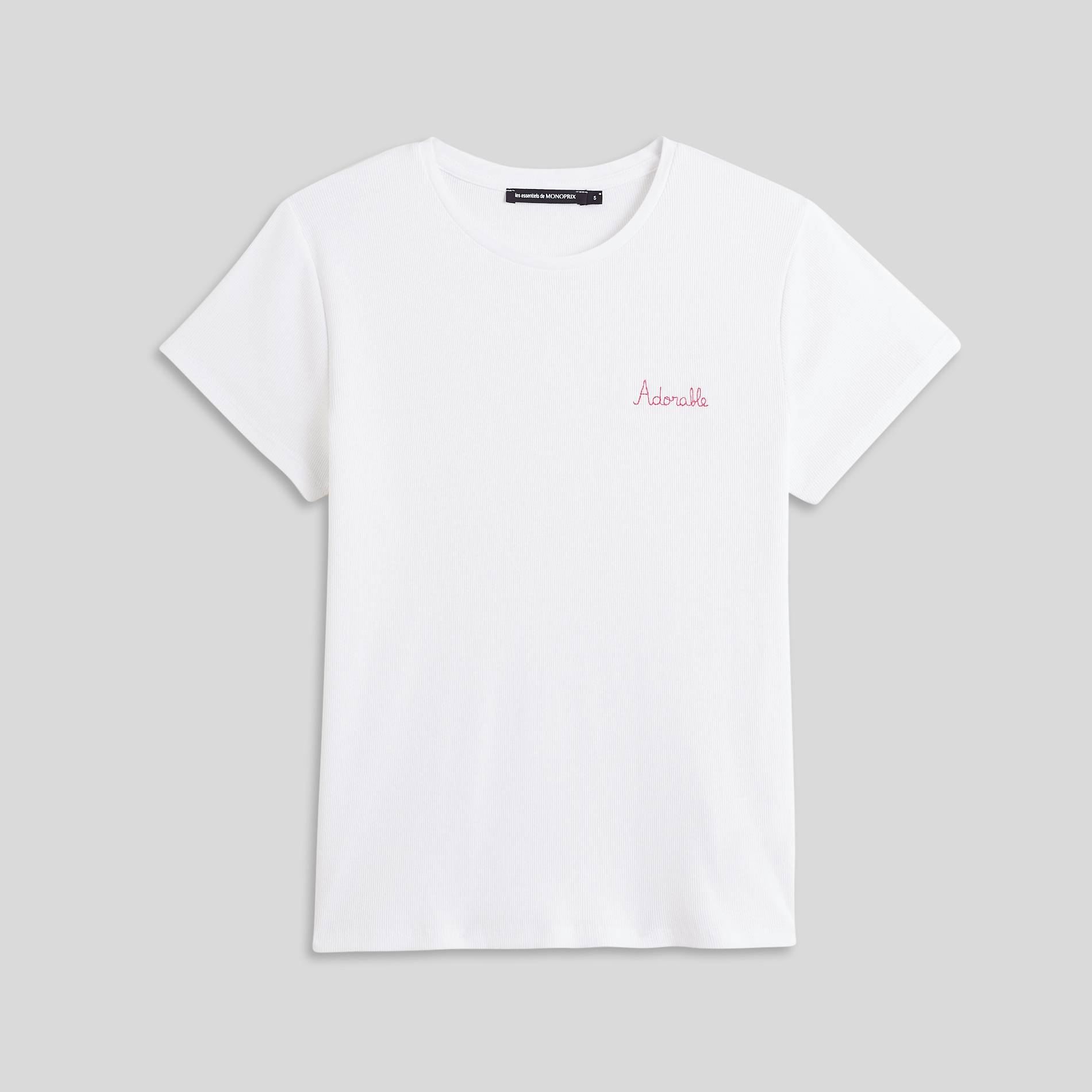 T-shirt côtelé à message brodé, Blanc, large image number 2.0