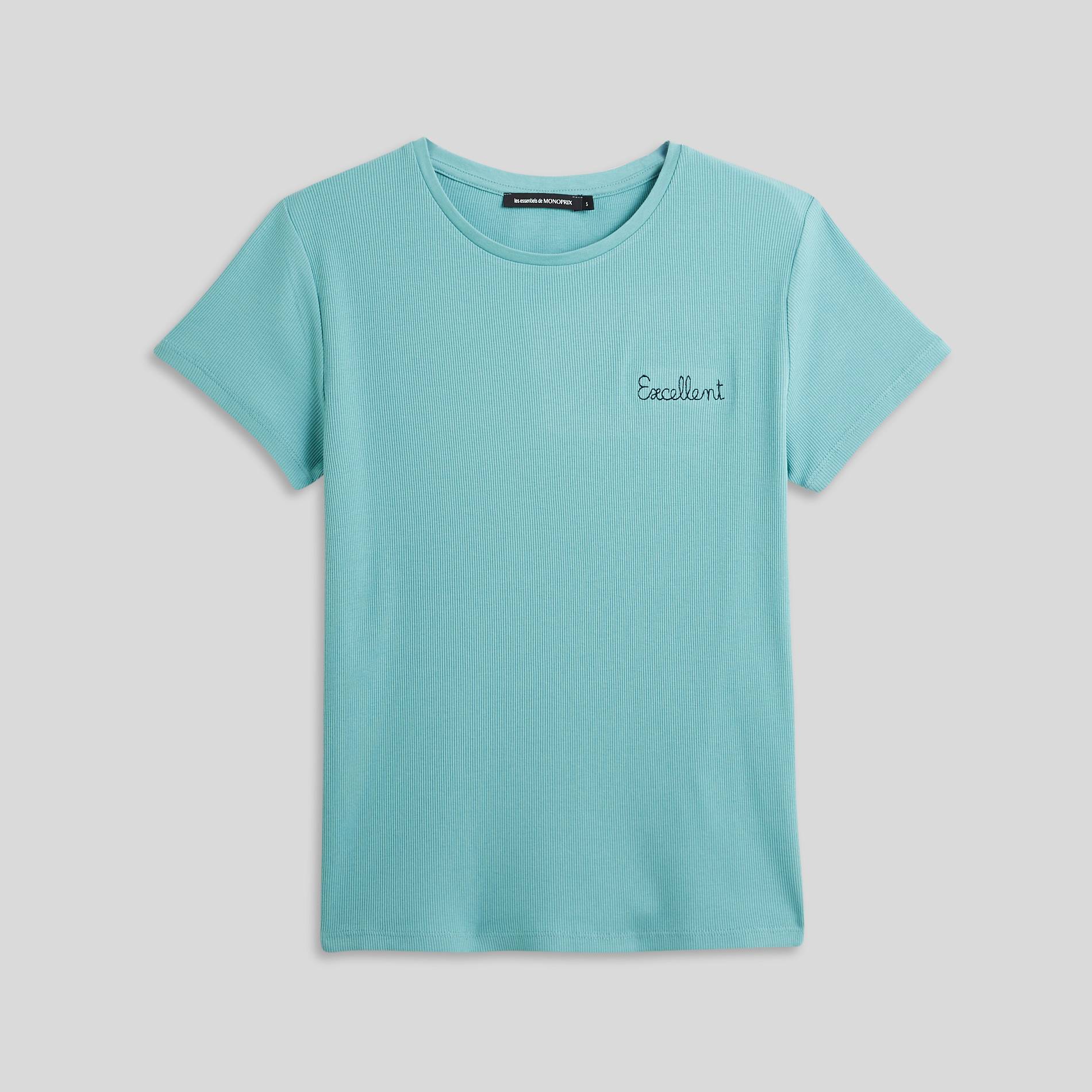 T-shirt côtelé à message brodé, BLEU, large image number 2