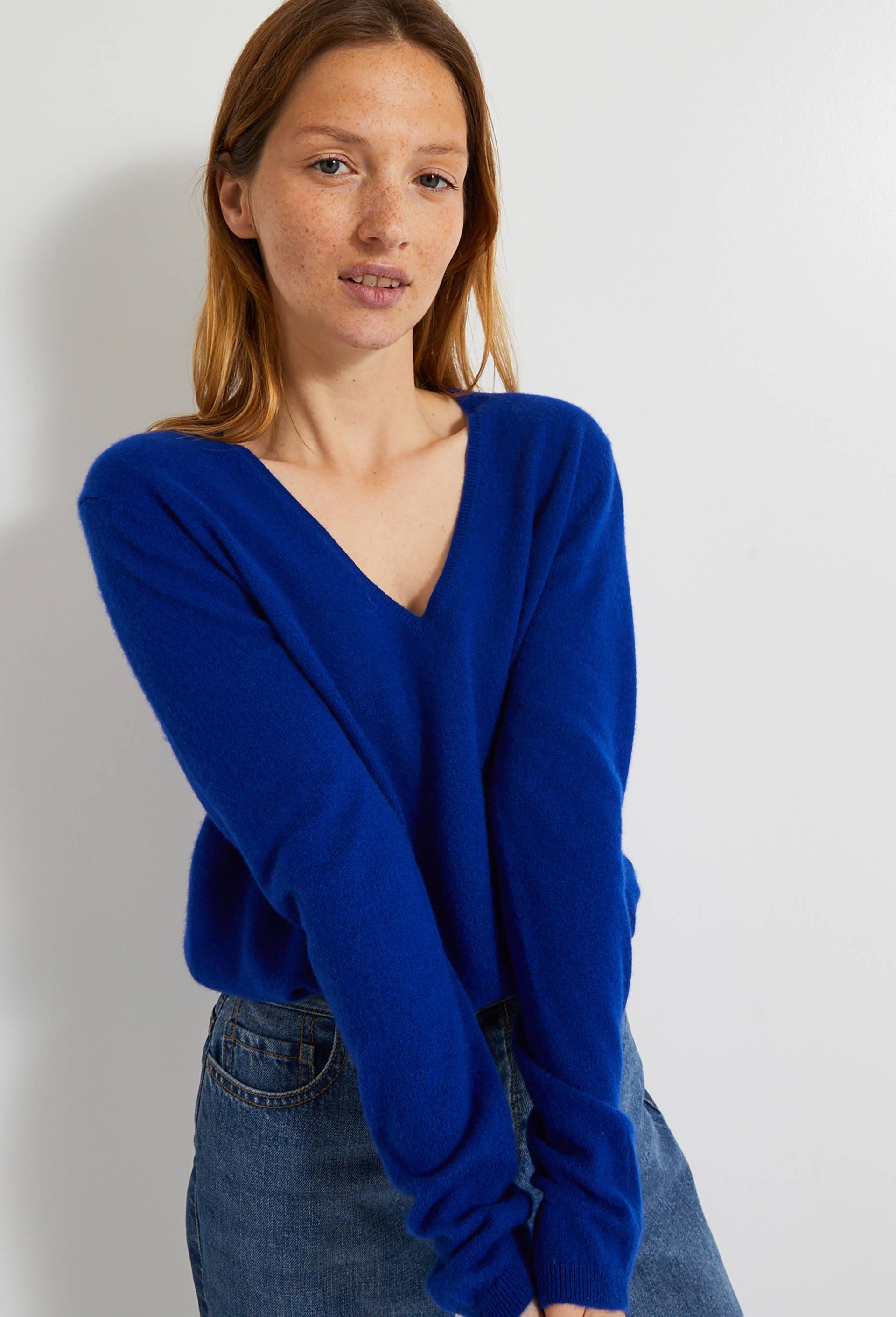 Pull Col V en Cachemire Oekotex, Bleu, large image number 0.0