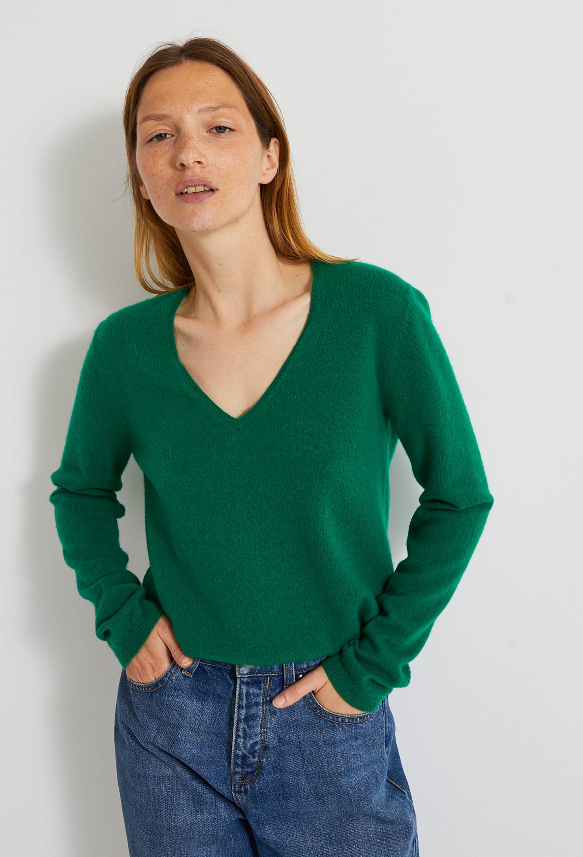 Pull Col V en Cachemire Oekotex, Vert, large image number 0