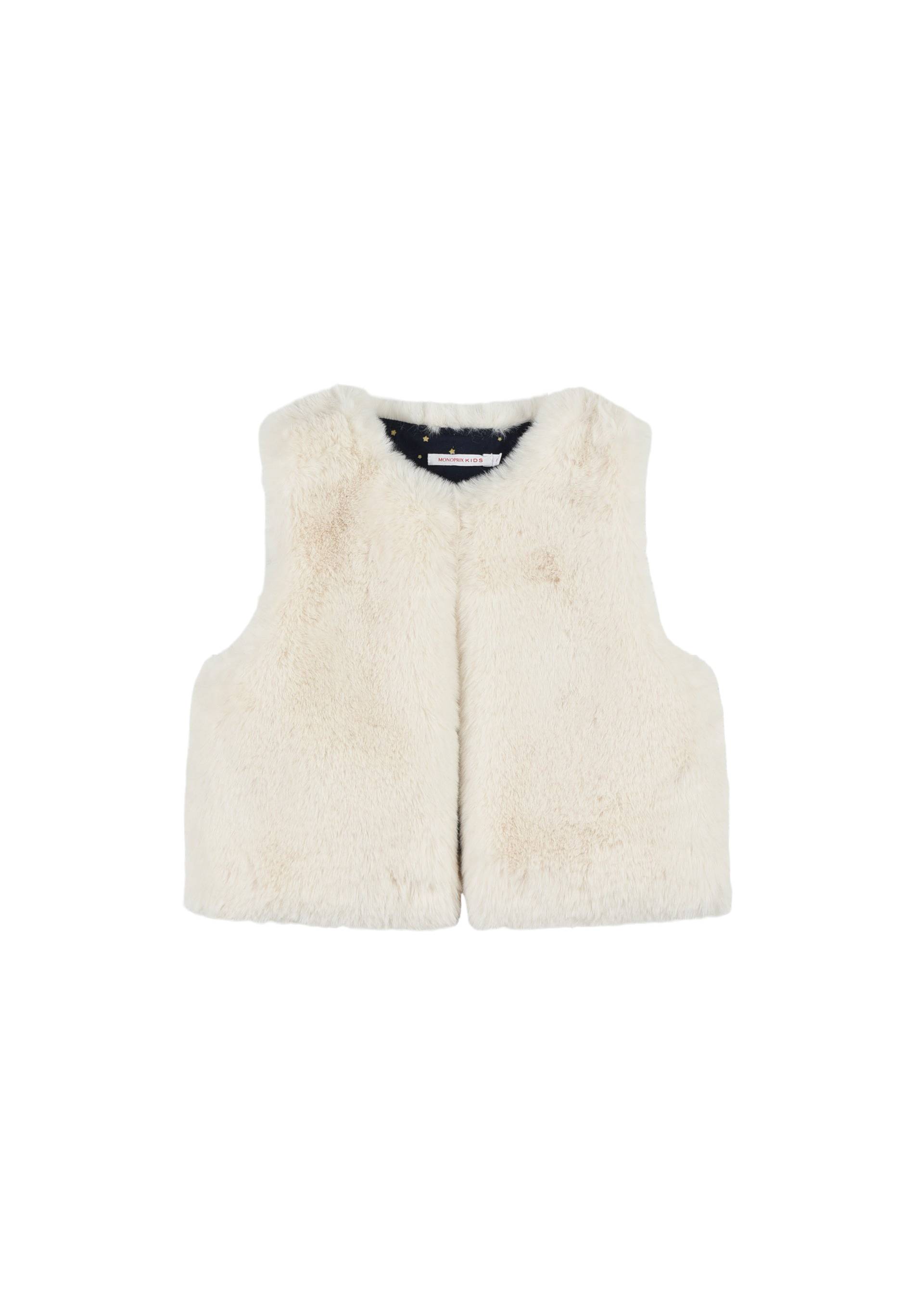 Gilet en fausse fourrure contenant du polyester recycl&eacute;, Ecru, large image number 3