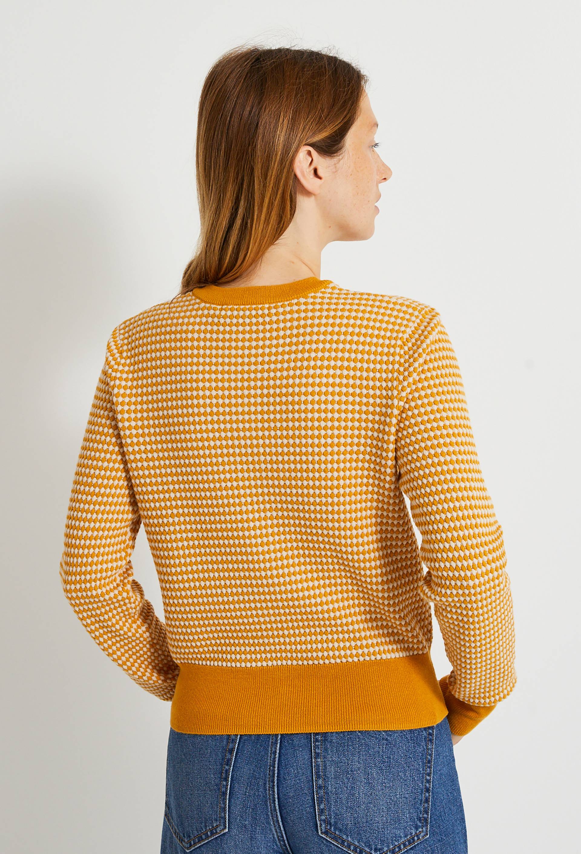 Cardigan boutonné point fantaisie en coton et fils métallisés, Jaune foncé, large image number 1
