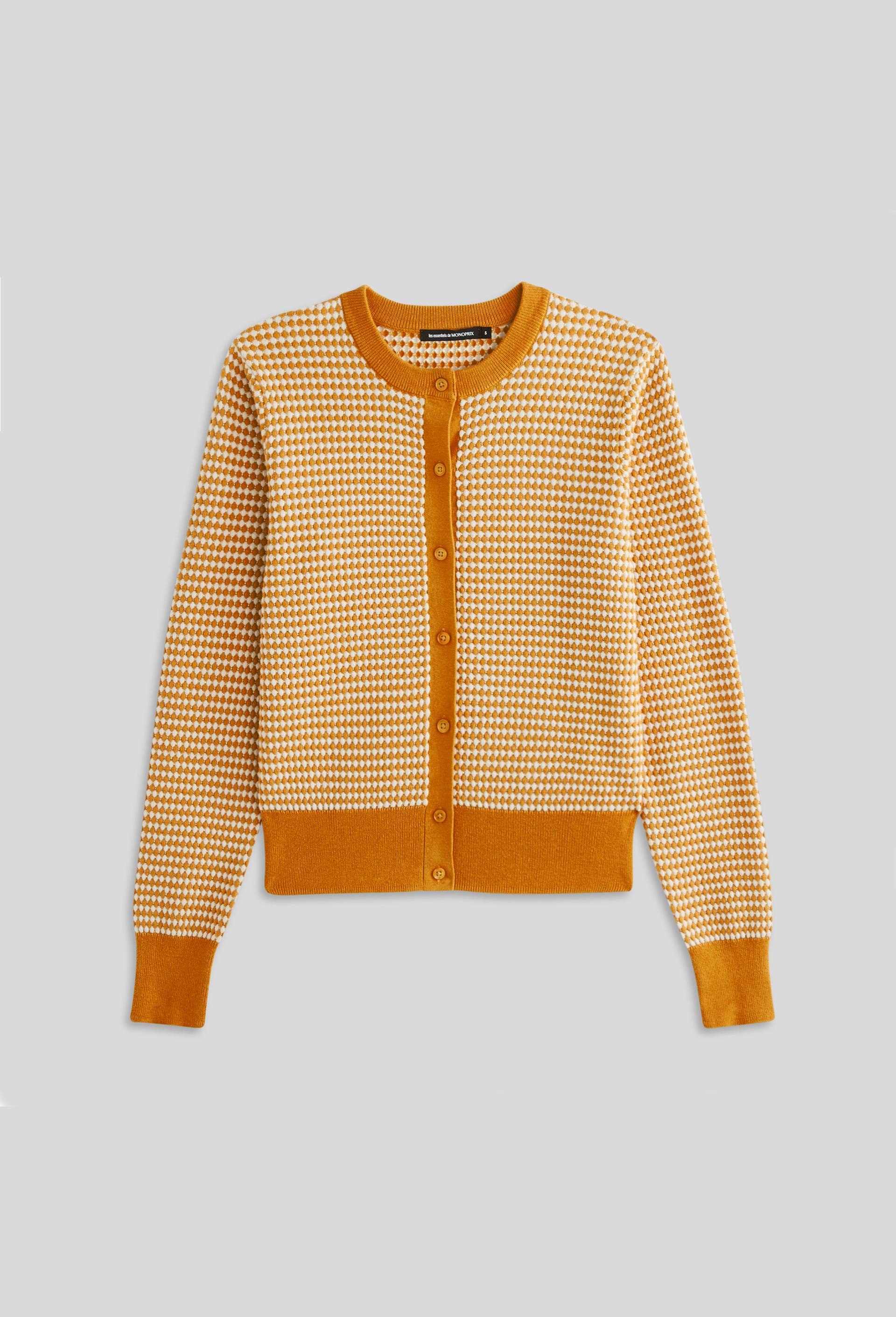 Cardigan boutonné point fantaisie en coton et fils métallisés, Jaune foncé, large image number 2