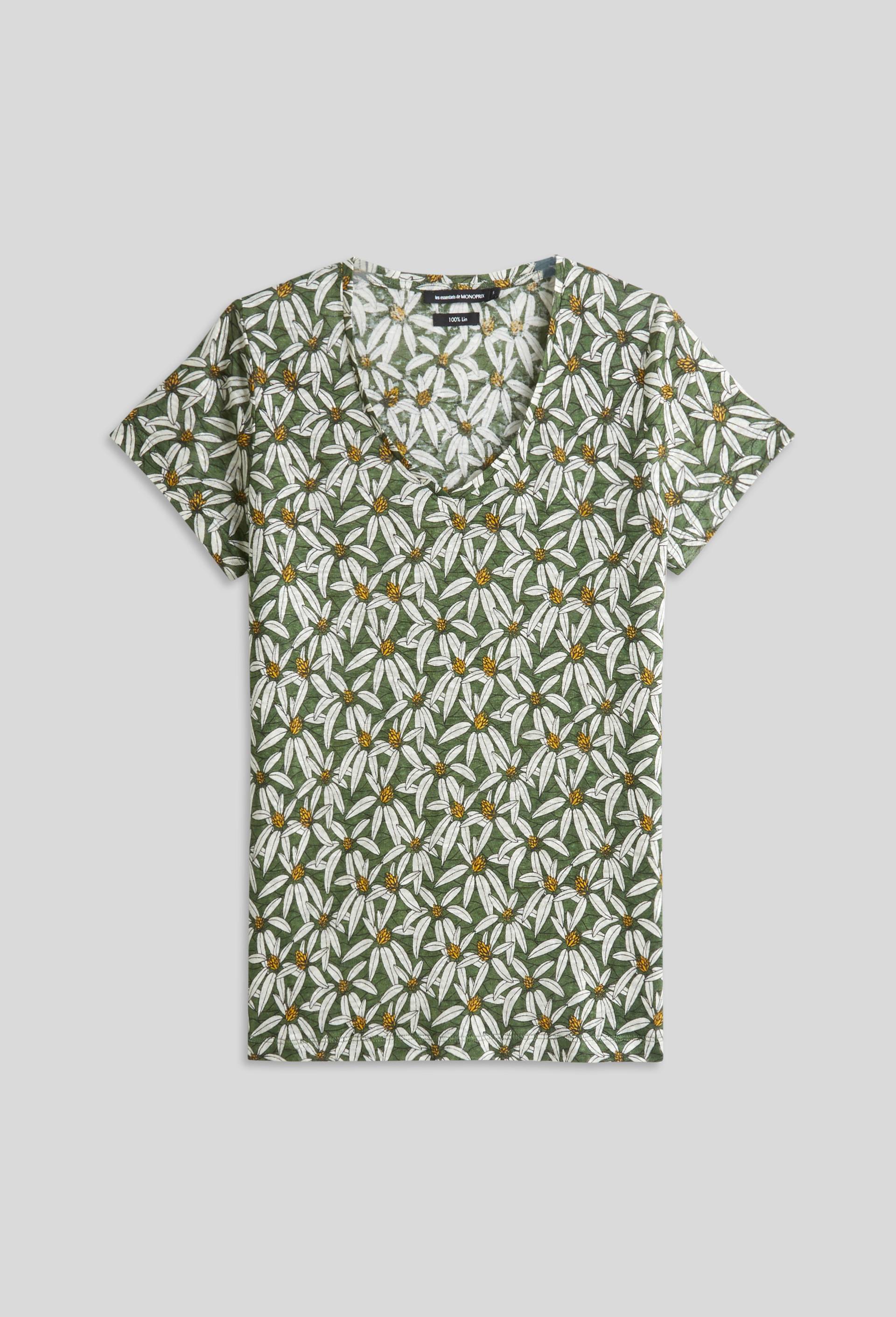 T-shirt manches courtes col V en lin, Vert, large image number 2