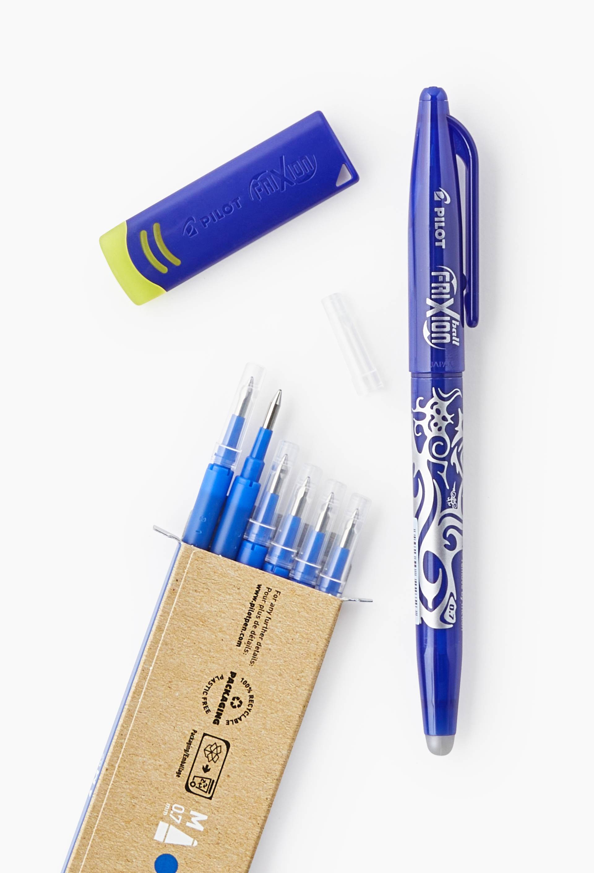 1 roller Frixion ball bleue + 6 recharges Frixion Ball, encre bleue, pointe moyenne + Gomme, Bleu, large image number 1