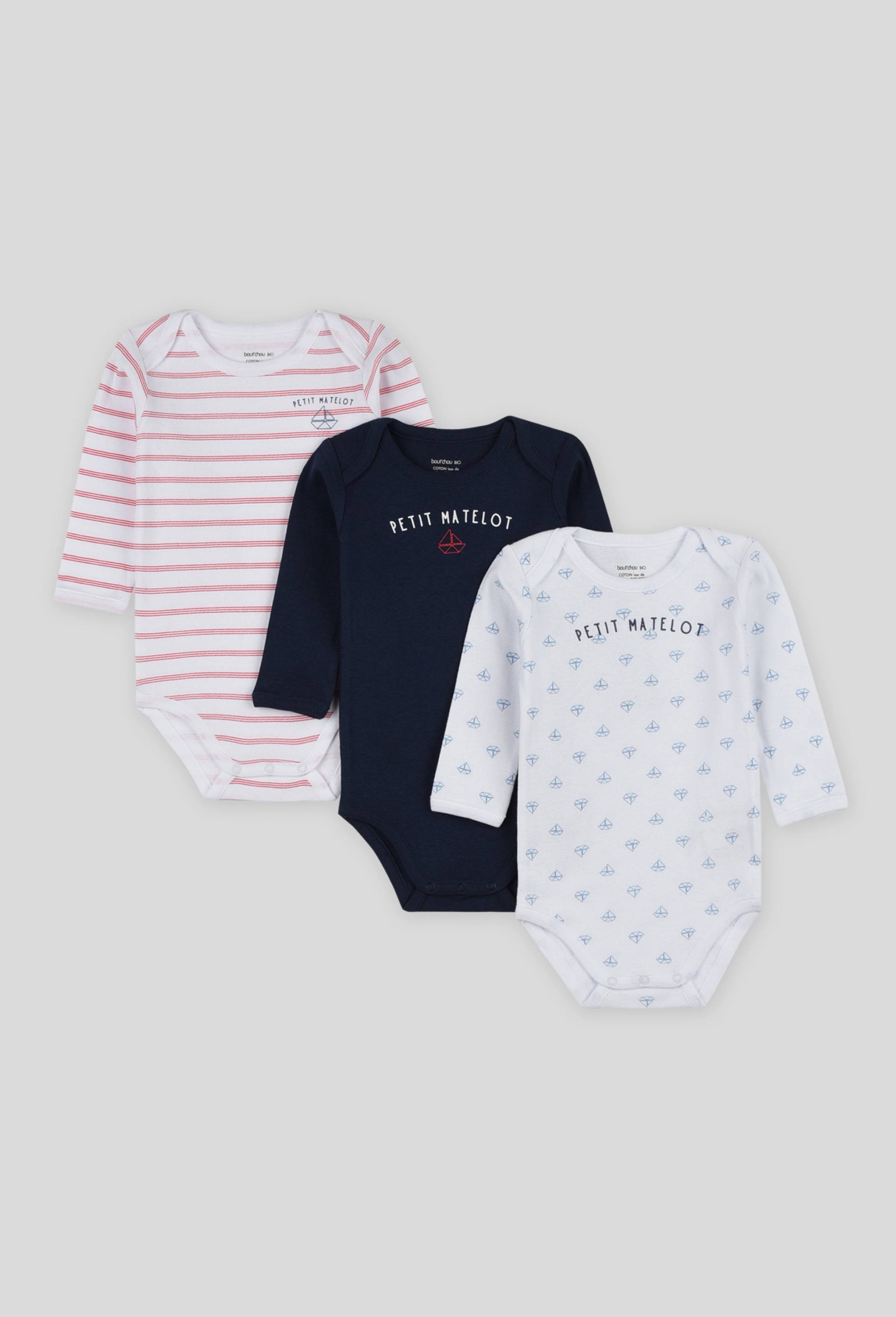 Lot de 3 bodies manches longues en coton BIO certifi&eacute; Oeko-Tex, Bleu fonc&eacute;, large image number 0.0