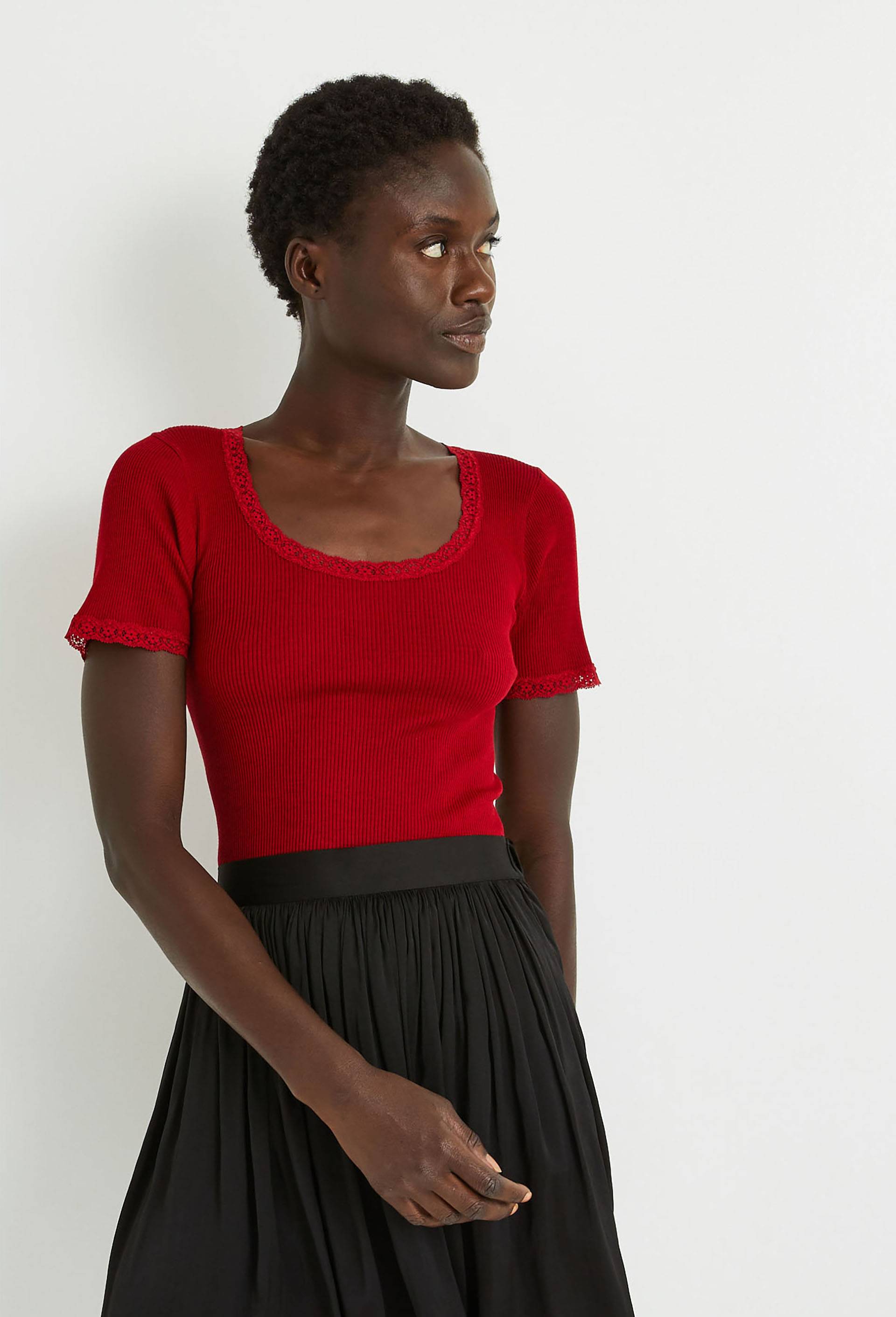 T-shirt manches courtes en laine et soie, Rouge foncé, large image number 0