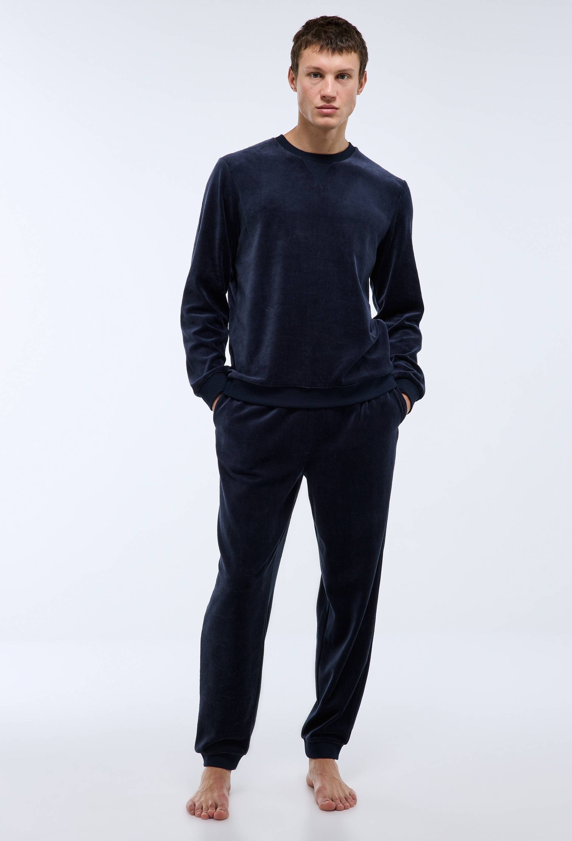 Pyjama en velours manches longues et pantalon, Bleu fonc&eacute;, large image number 0.0