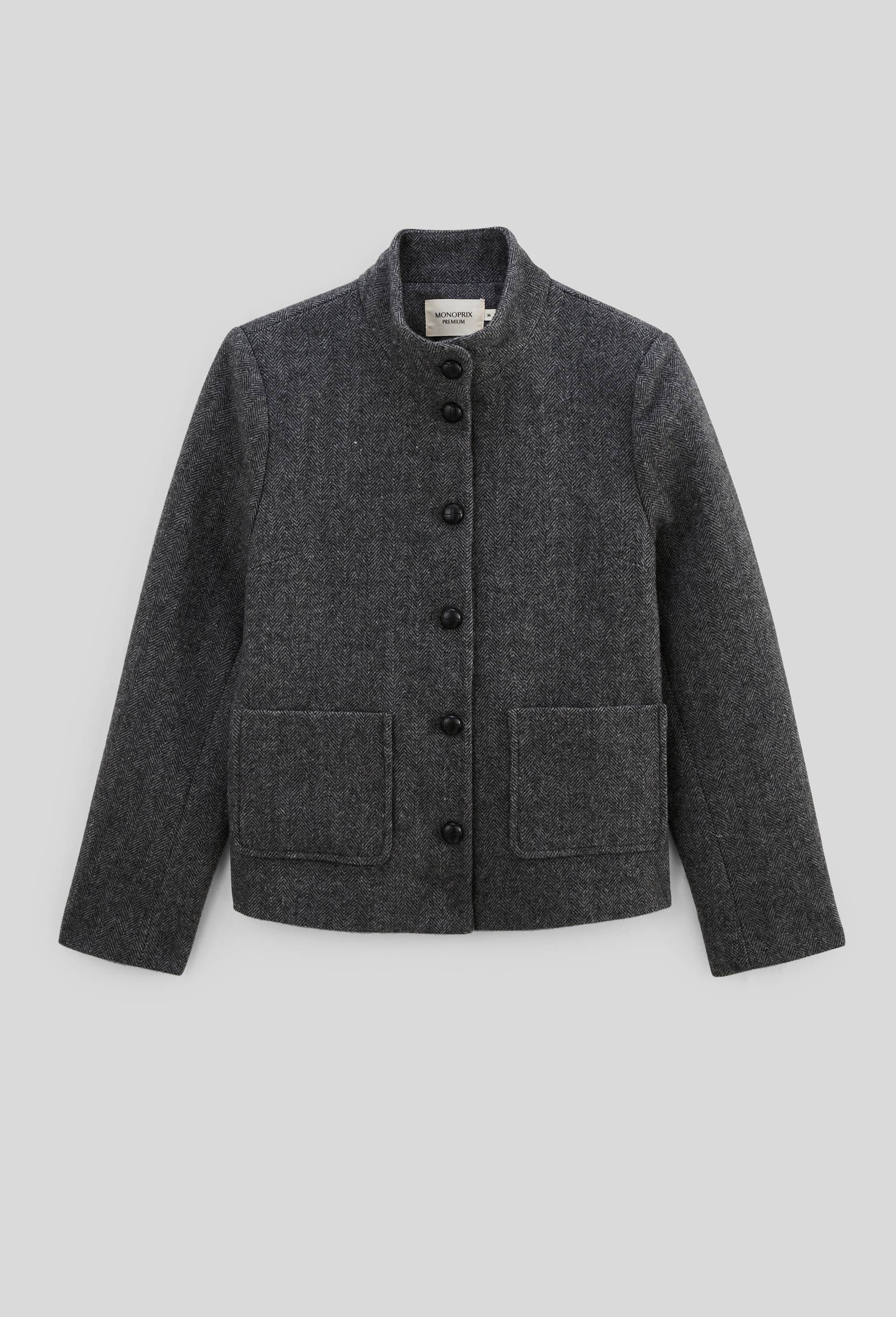 Manteau court à motifs chevron contenant de la laine, Gris foncé, large image number 2.0