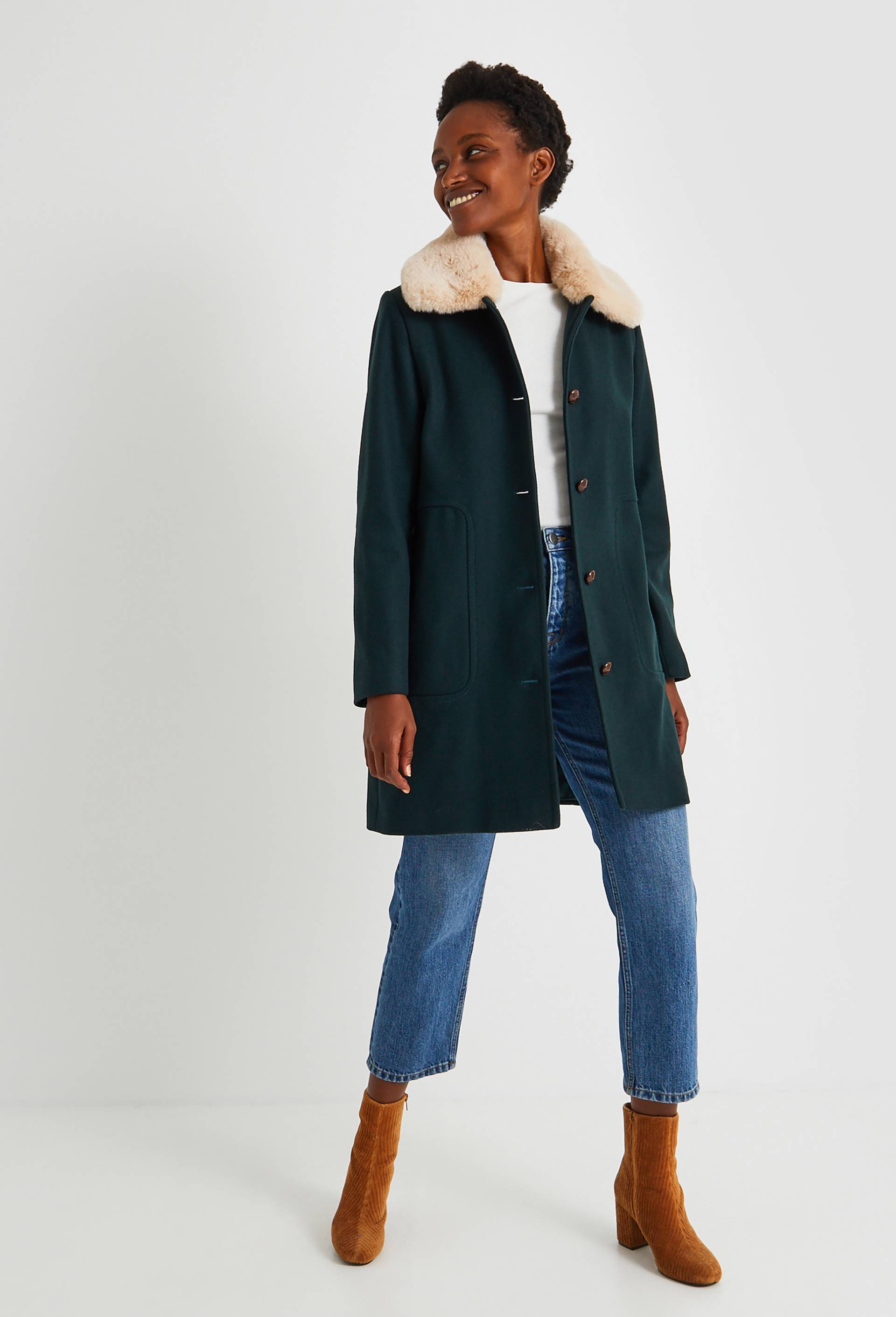 Manteau col fourrure, Vert fonc&eacute;, large image number 0