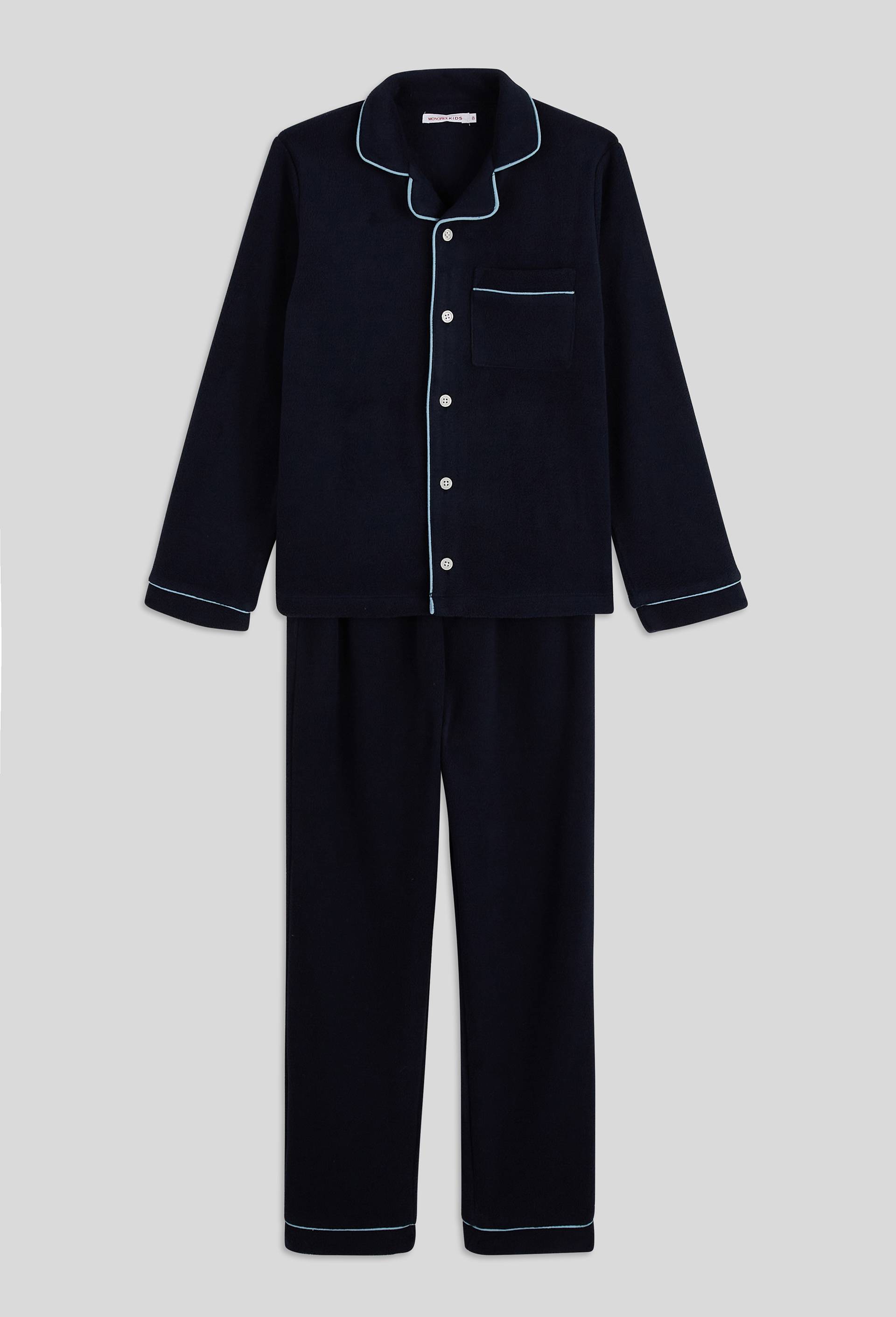 Pyjama chemise manches longues uni en polaire, Bleu fonc&eacute;, large image number 0