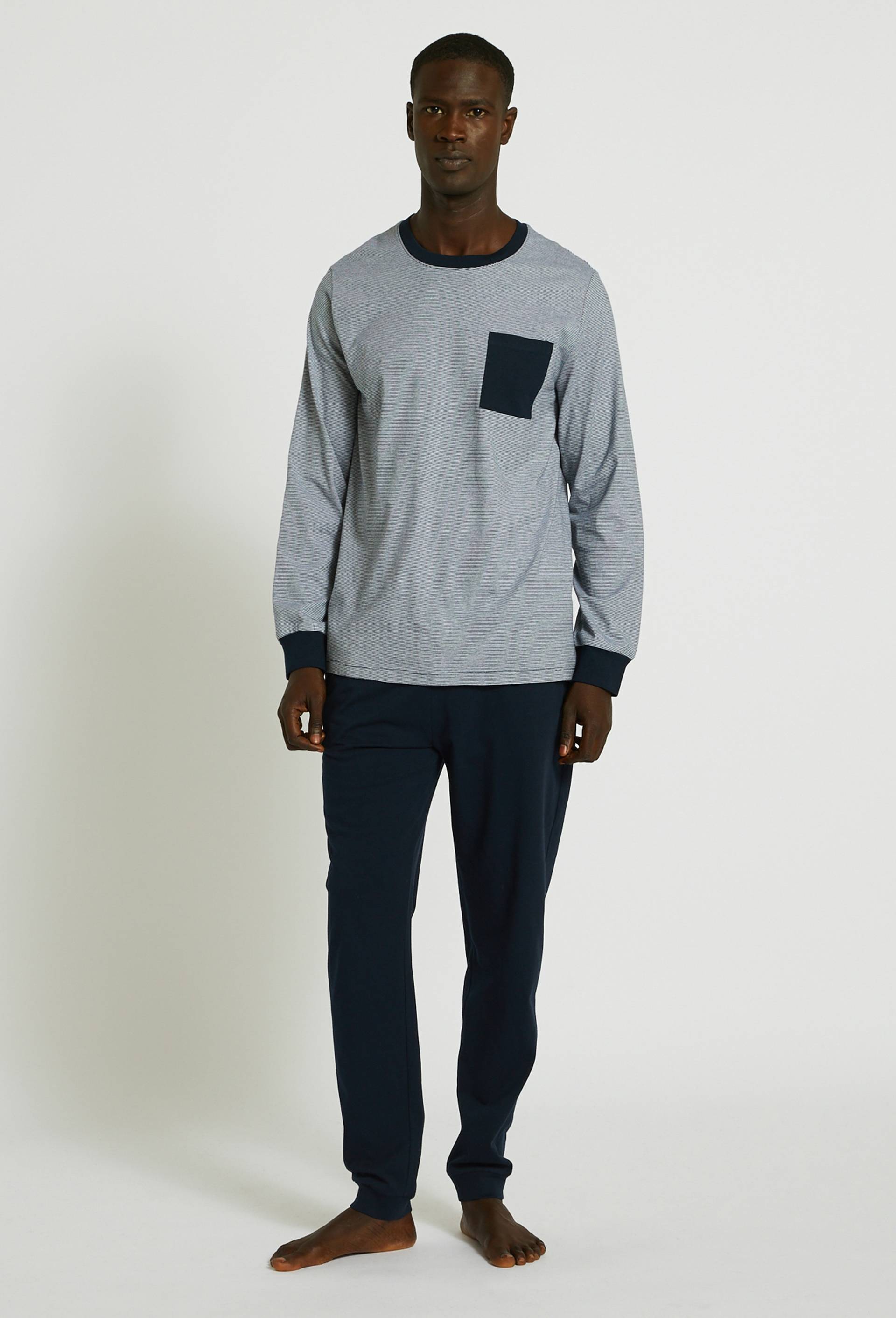 Pyjama T-shirt manches longues  milleraies et pantalon en jersey de coton BIO GOTS, Bleu foncé, swatch image