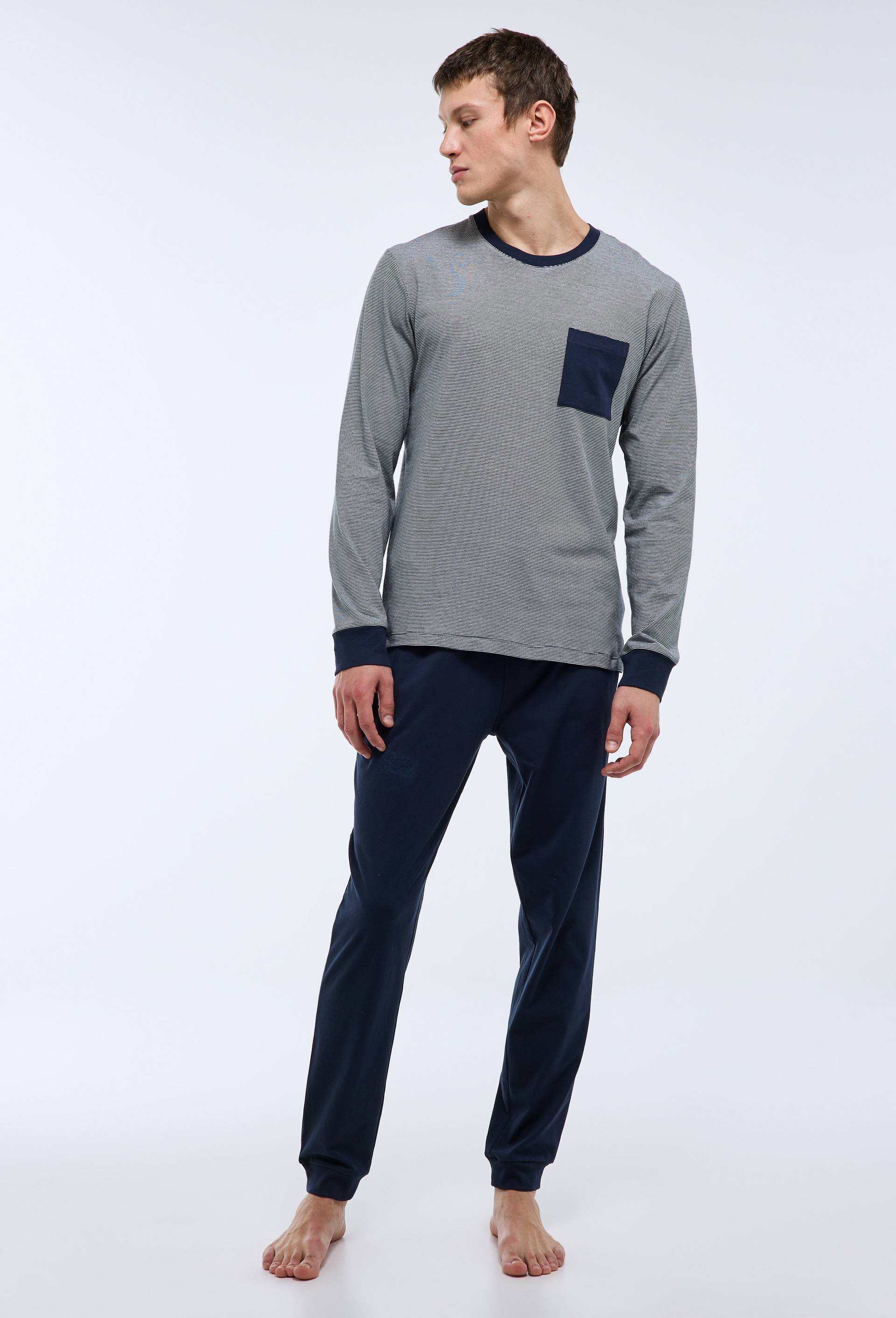 Pyjama T-shirt manches longues  milleraies et pantalon en jersey de coton BIO GOTS, Bleu fonc&eacute;, swatch image