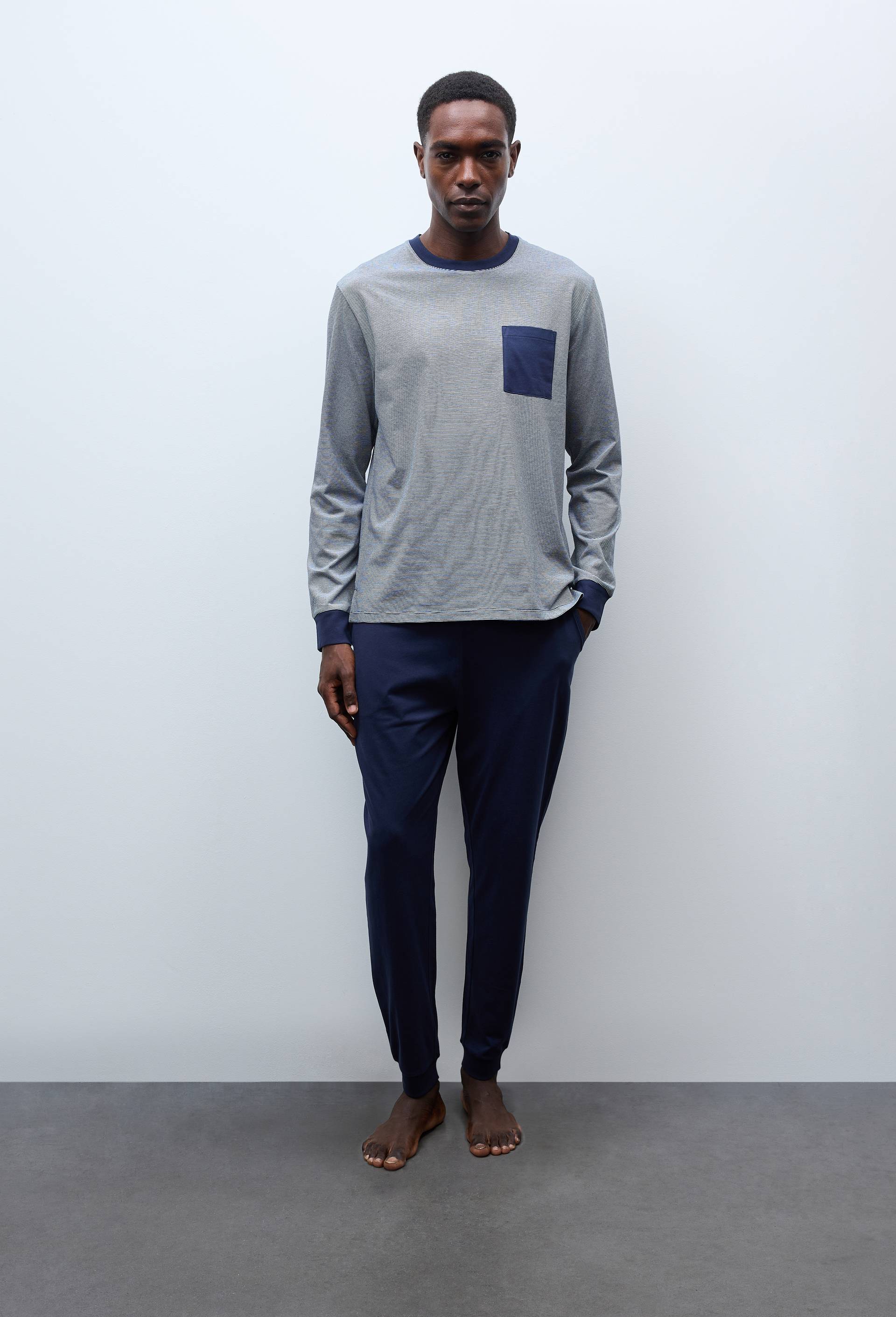 Pyjama T-shirt manches longues  milleraies et pantalon en jersey de coton BIO GOTS, Bleu fonc&eacute;, large image number 0