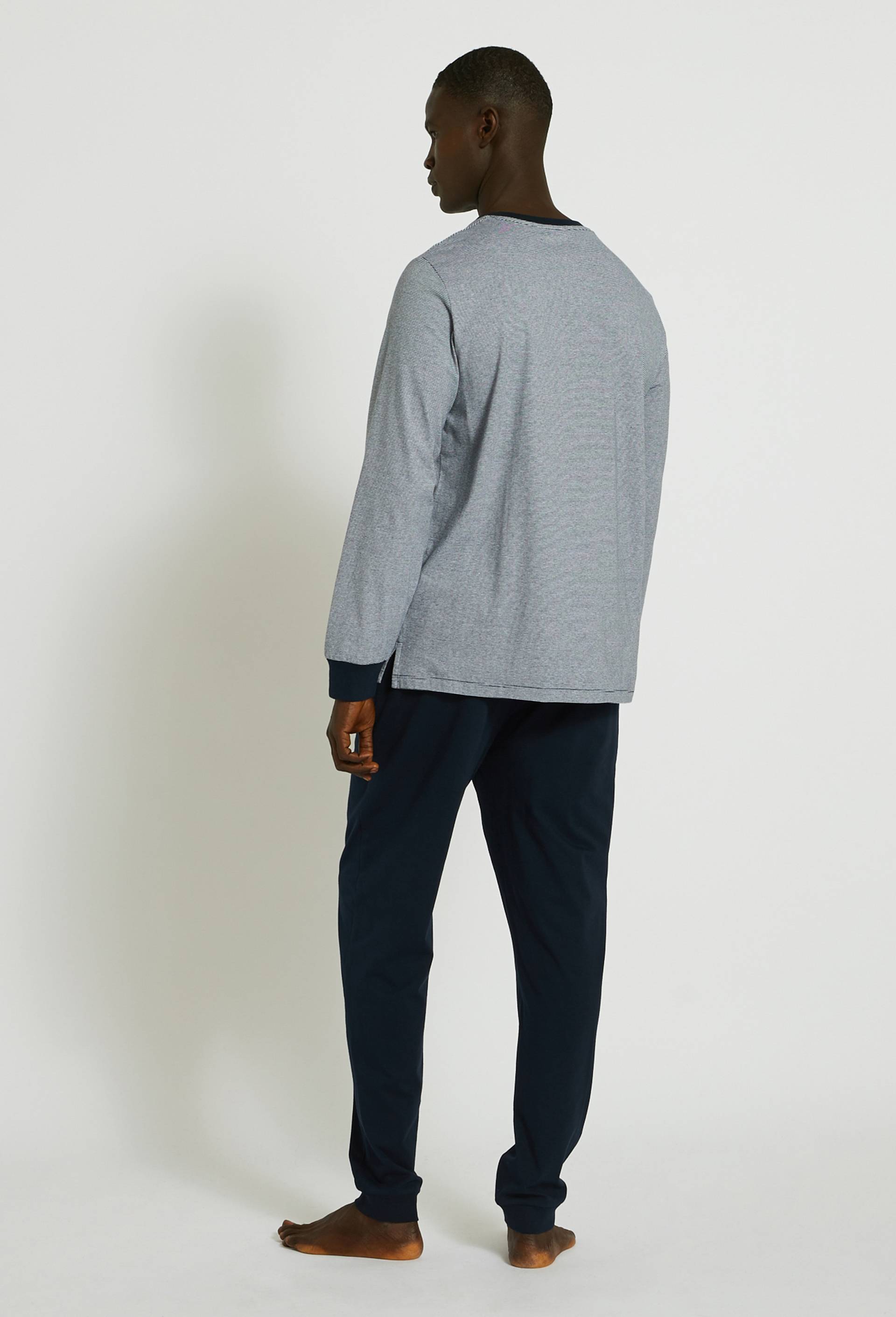 Pyjama T-shirt manches longues  milleraies et pantalon en jersey de coton BIO GOTS, Bleu fonc&eacute;, large image number 1