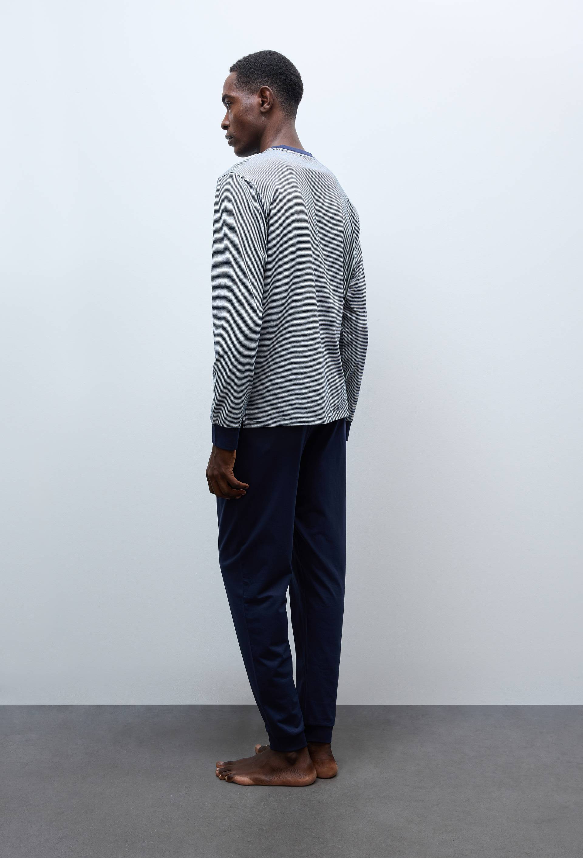 Pyjama T-shirt manches longues  milleraies et pantalon en jersey de coton BIO GOTS, Bleu fonc&eacute;, large image number 1.0