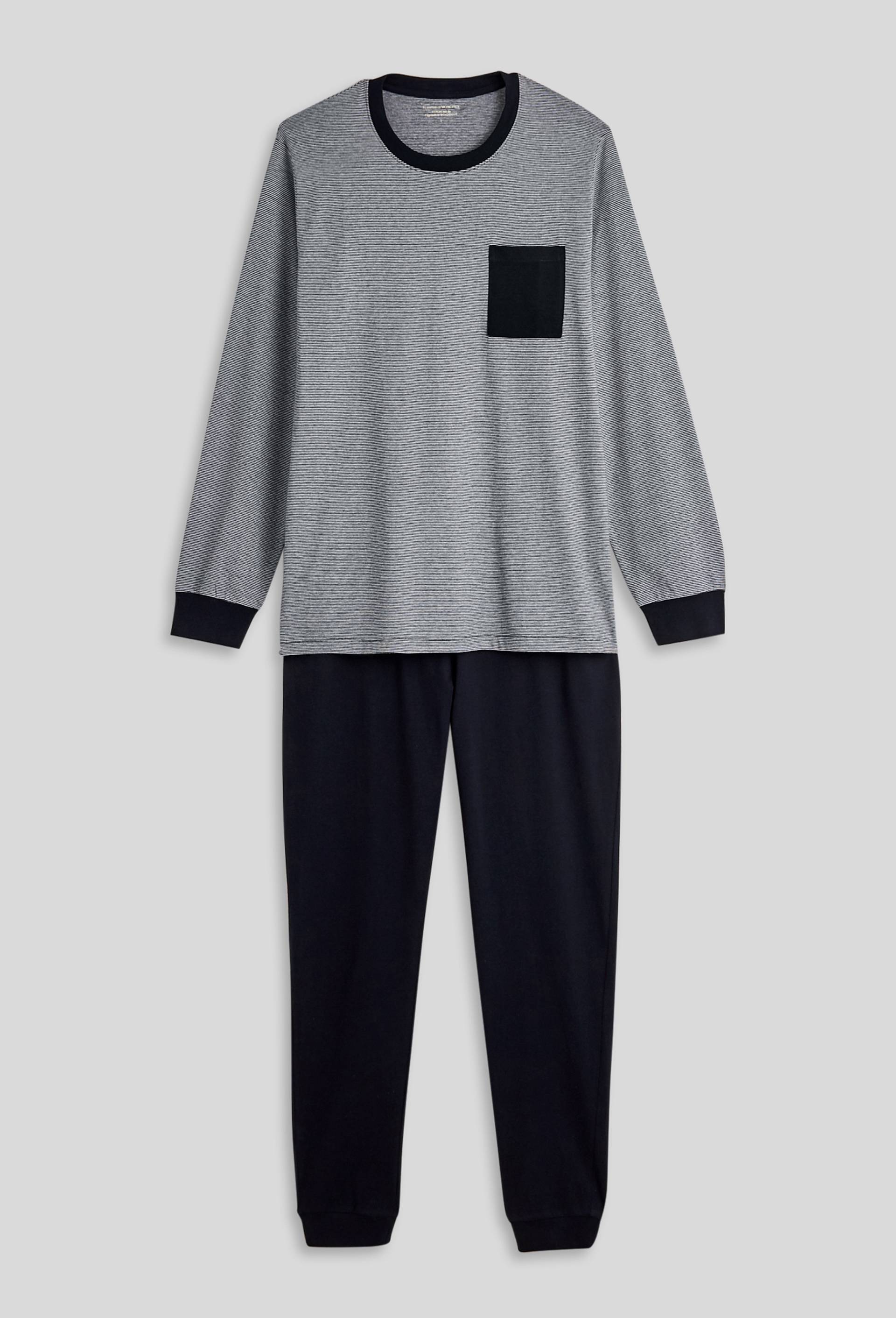 Pyjama T-shirt manches longues  milleraies et pantalon en jersey de coton BIO GOTS, Bleu fonc&eacute;, large image number 2