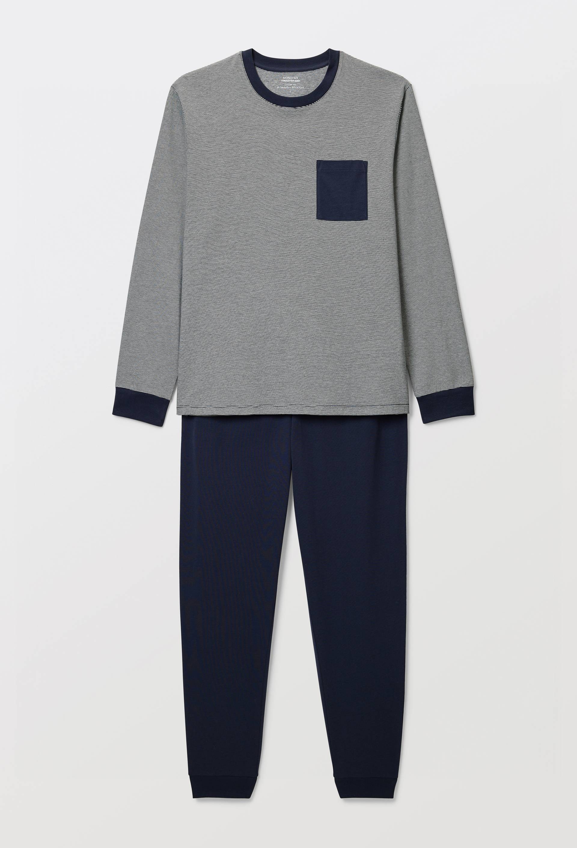Pyjama T-shirt manches longues  milleraies et pantalon en jersey de coton BIO GOTS, Bleu fonc&eacute;, large image number 2