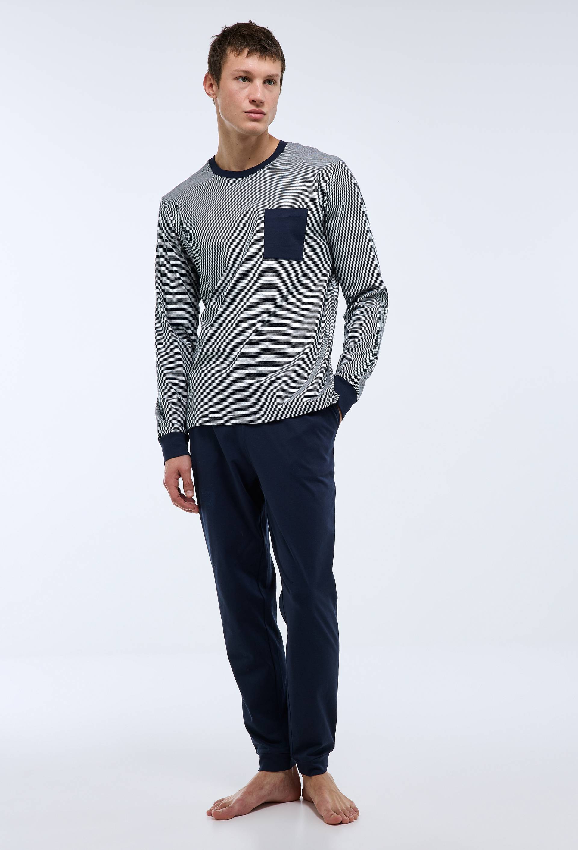 Pyjama T-shirt manches longues  milleraies et pantalon en jersey de coton BIO GOTS, Bleu fonc&eacute;, large image number 3