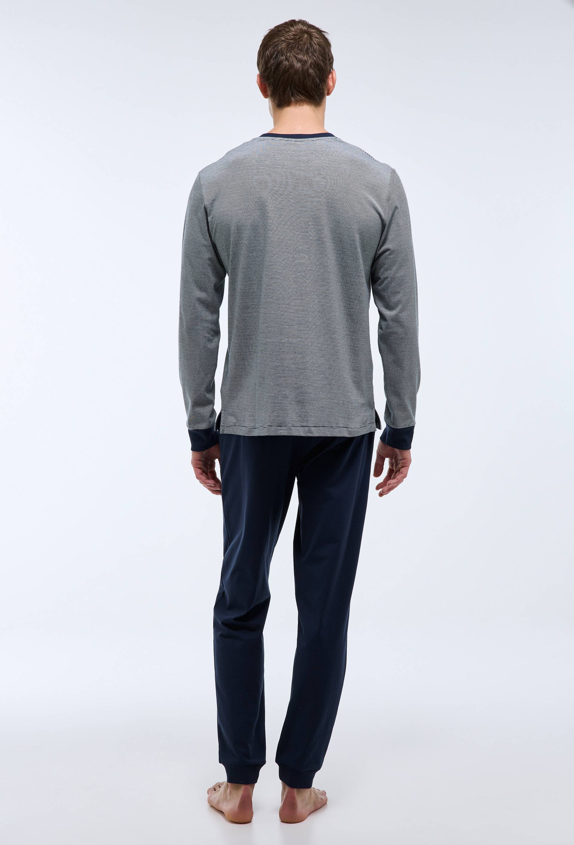 Pyjama T-shirt manches longues  milleraies et pantalon en jersey de coton BIO GOTS, Bleu fonc&eacute;, large image number 4