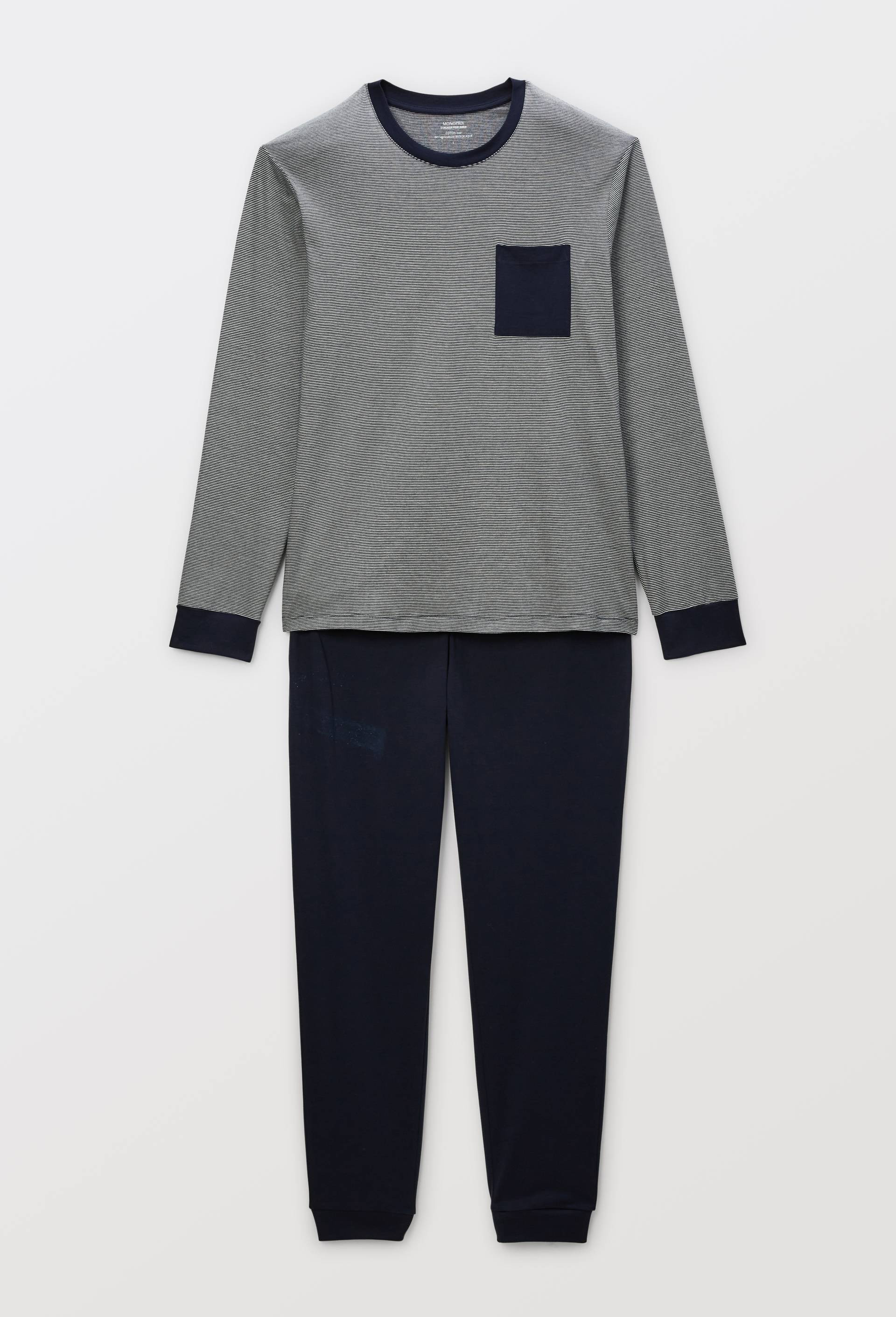 Pyjama T-shirt manches longues  milleraies et pantalon en jersey de coton BIO GOTS, Bleu fonc&eacute;, large image number 5