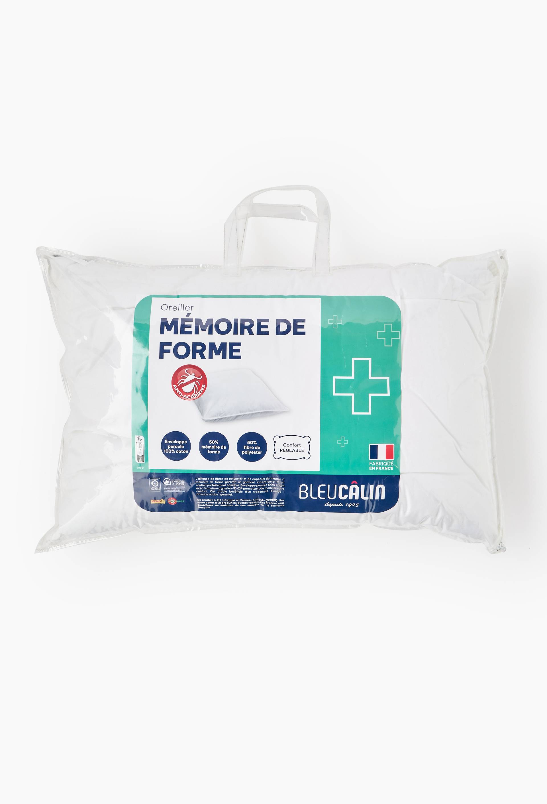 Oreiller rectangulaire &agrave; m&eacute;moire de forme, anti acariens, 50x70cm, 50%polyester, 50%polyur&eacute;thane, Blanc, large image number 1