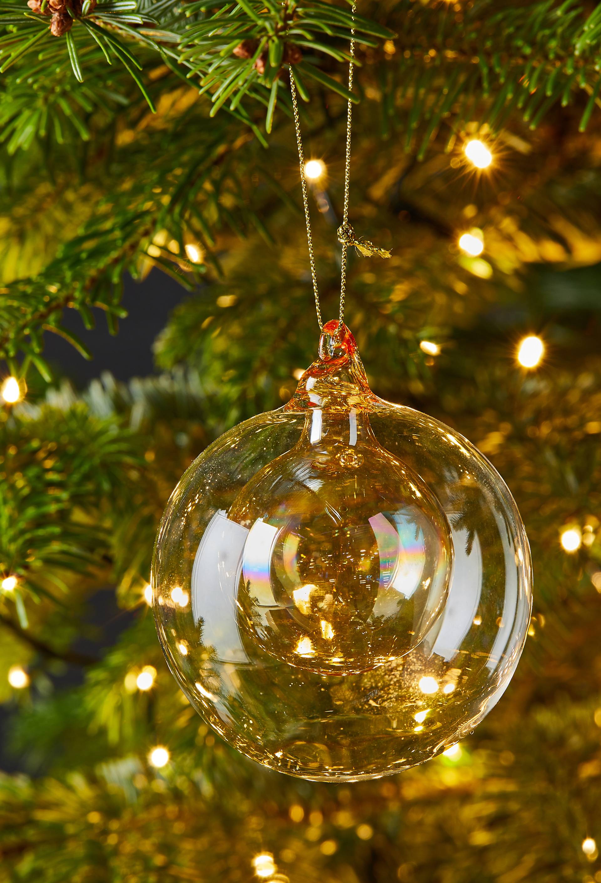 Double boule de No&euml;l, 8cm, en verre, Jaune fonc&eacute;, large image number 1.0