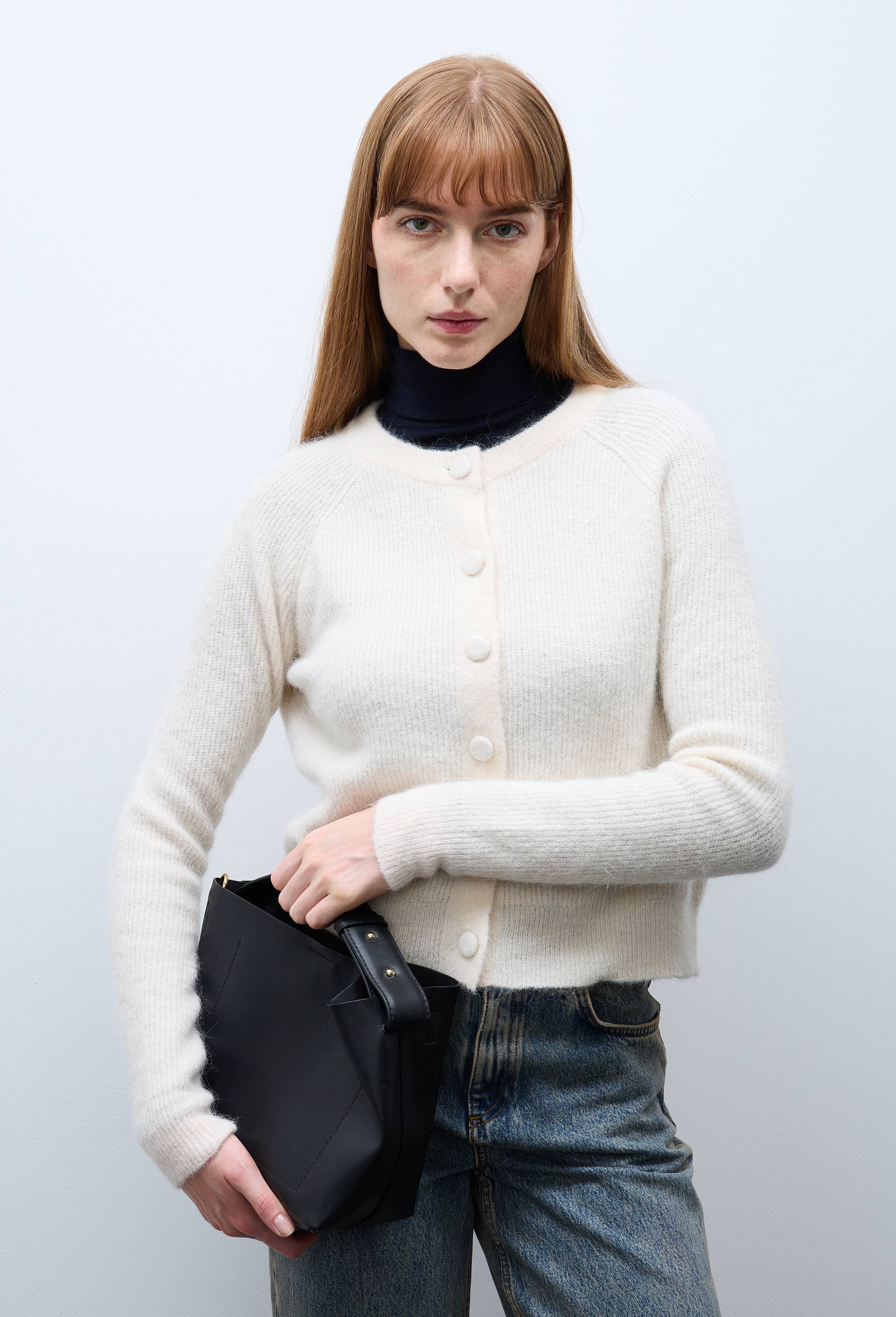 Pull col roul&eacute; &agrave; c&ocirc;tes uni en coton et cachemire m&eacute;lang&eacute;s, Beige clair, swatch image