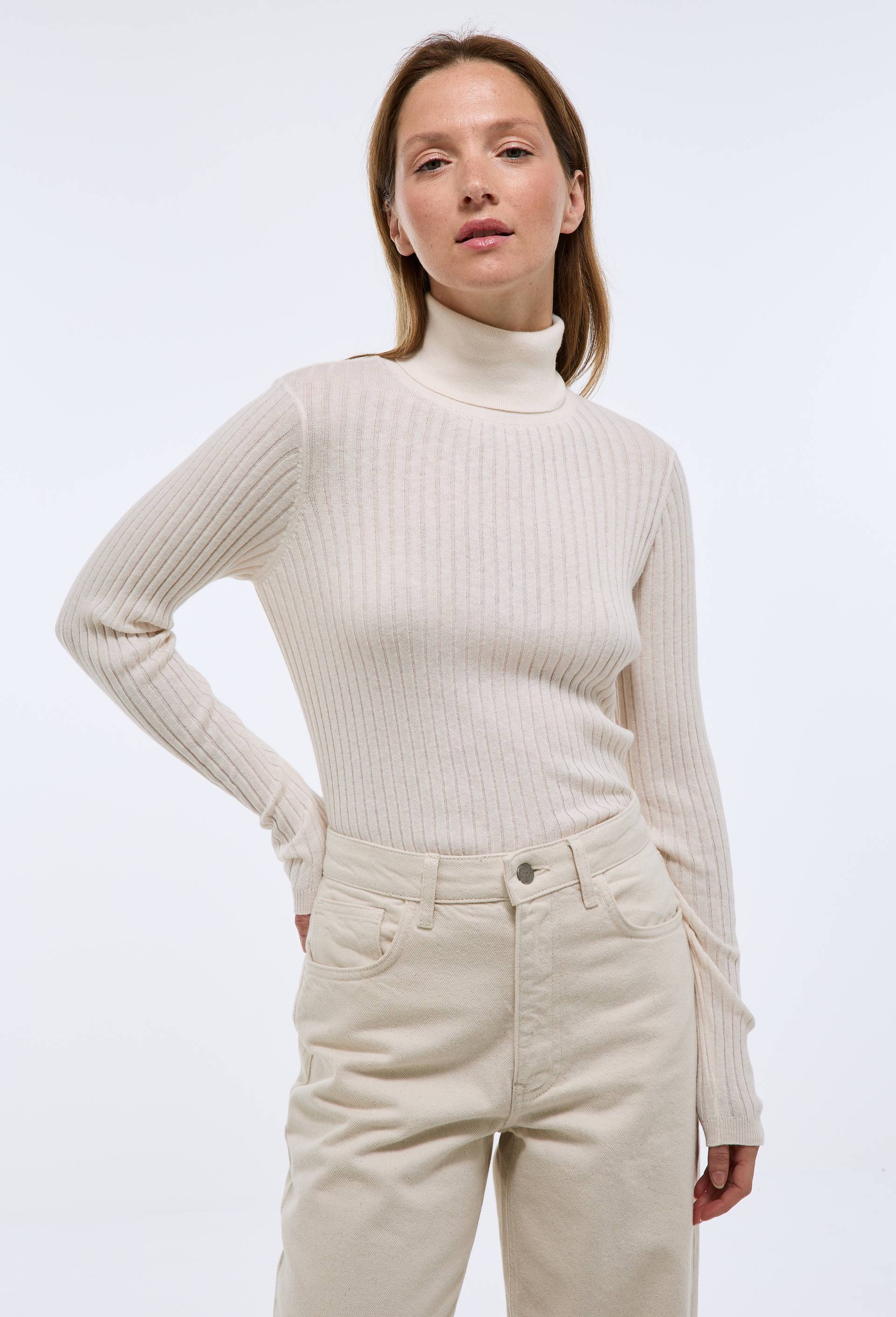 Pull col roul&eacute; &agrave; c&ocirc;tes uni en coton et cachemire m&eacute;lang&eacute;s, Beige clair, swatch image