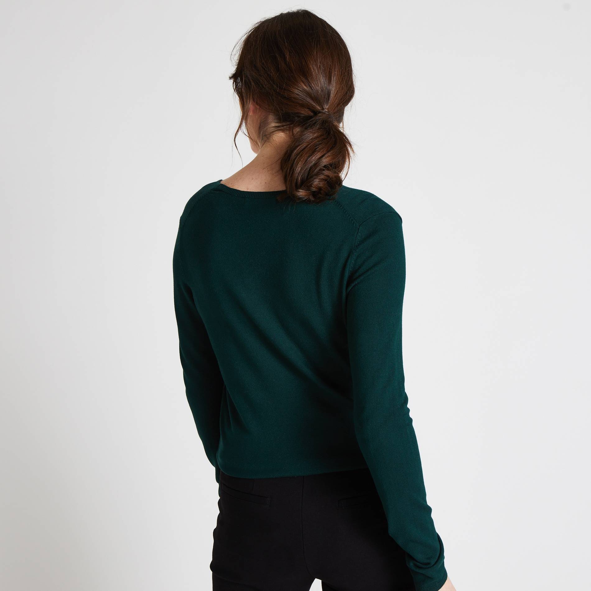 Pull col V uni, Vert foncé, large image number 1.0