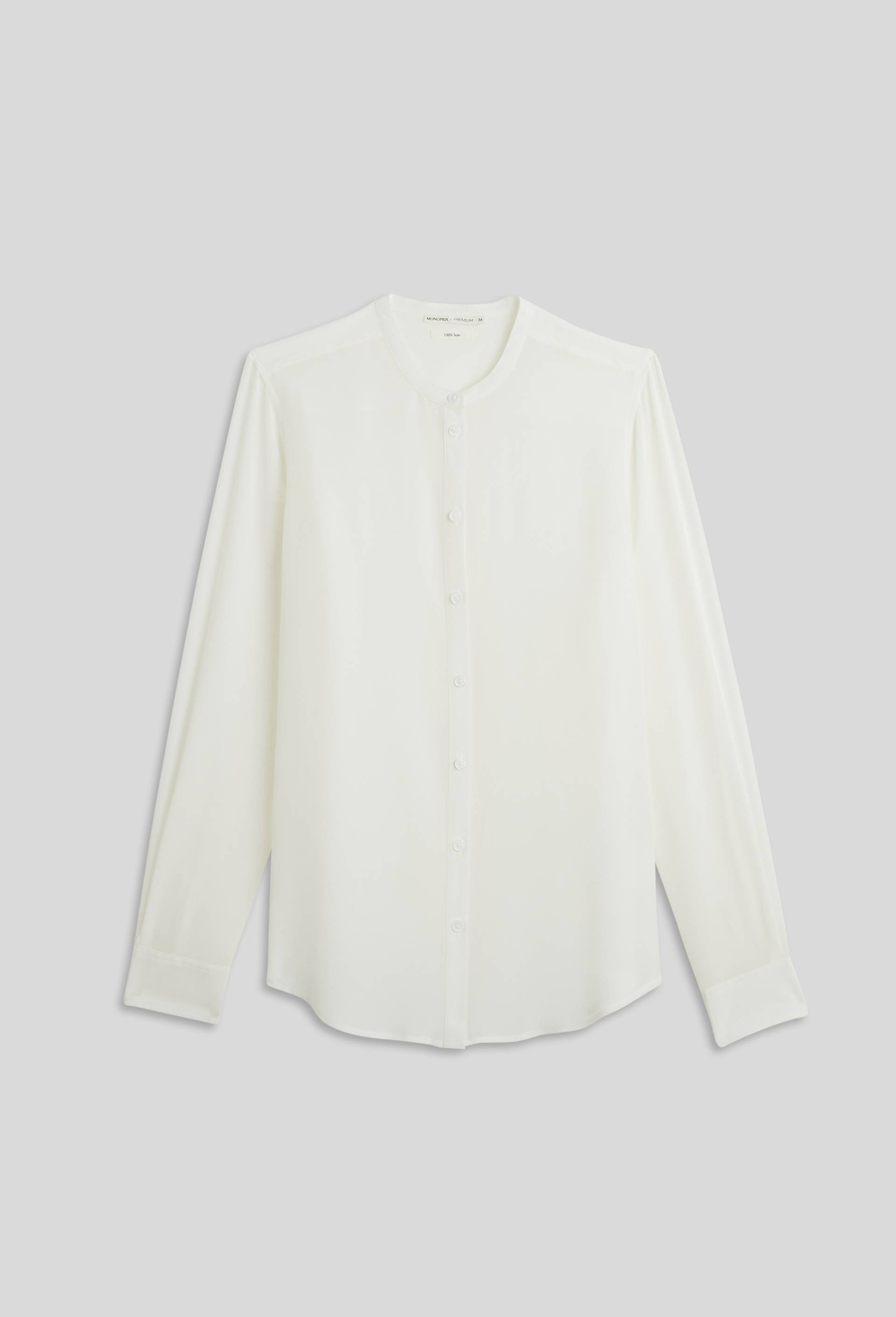 Chemise manches longues en soie col mao, Ecru, large image number 2.0