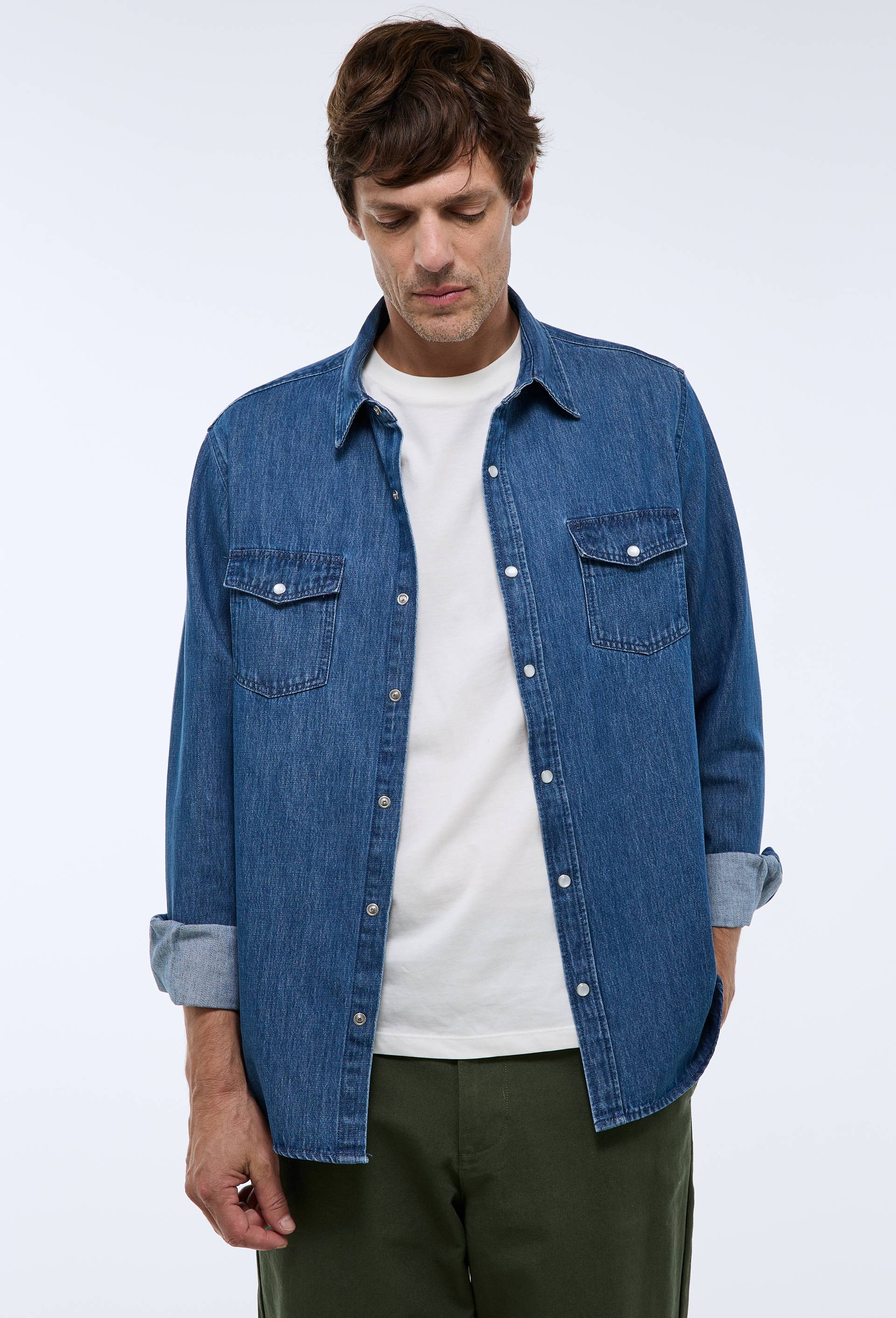 Chemise denim en coton BIO GOTS, Bleu, swatch image