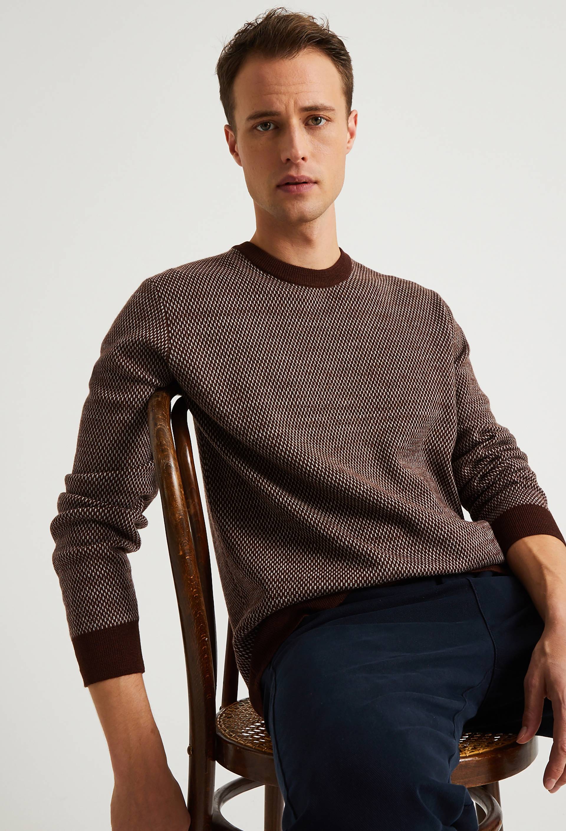 Pull col rond point fantaisie, en laine, Oeko-tex, Brun, large image number 0.0