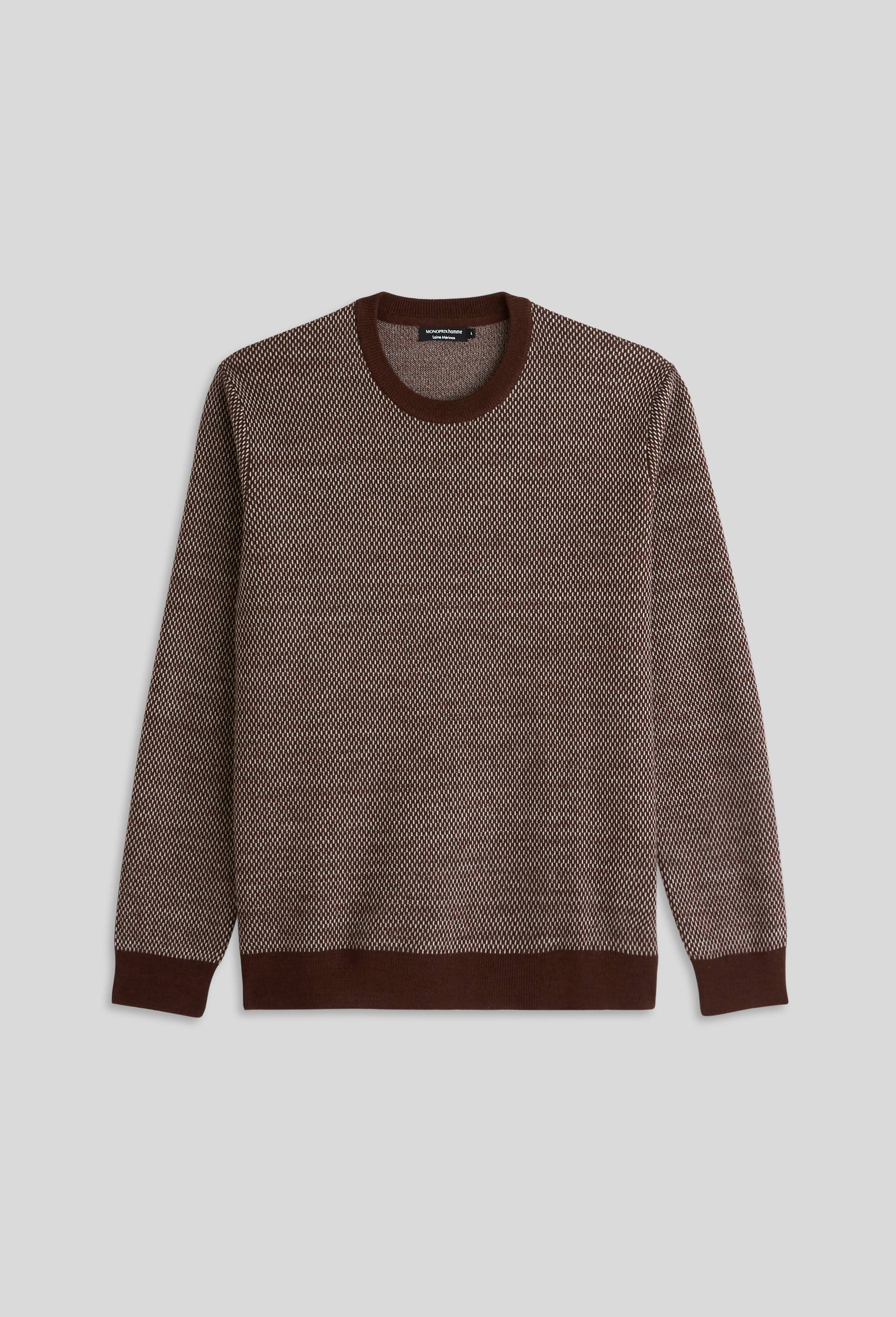 Pull col rond point fantaisie, en laine, Oeko-tex, Brun, large image number 2.0