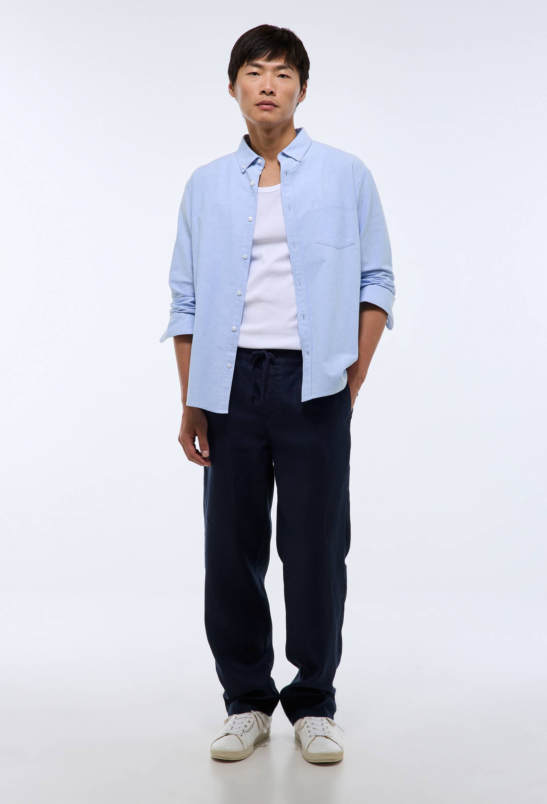 Pantalon &eacute;lastiqu&eacute; en lin, Bleu fonc&eacute;, large image number 0