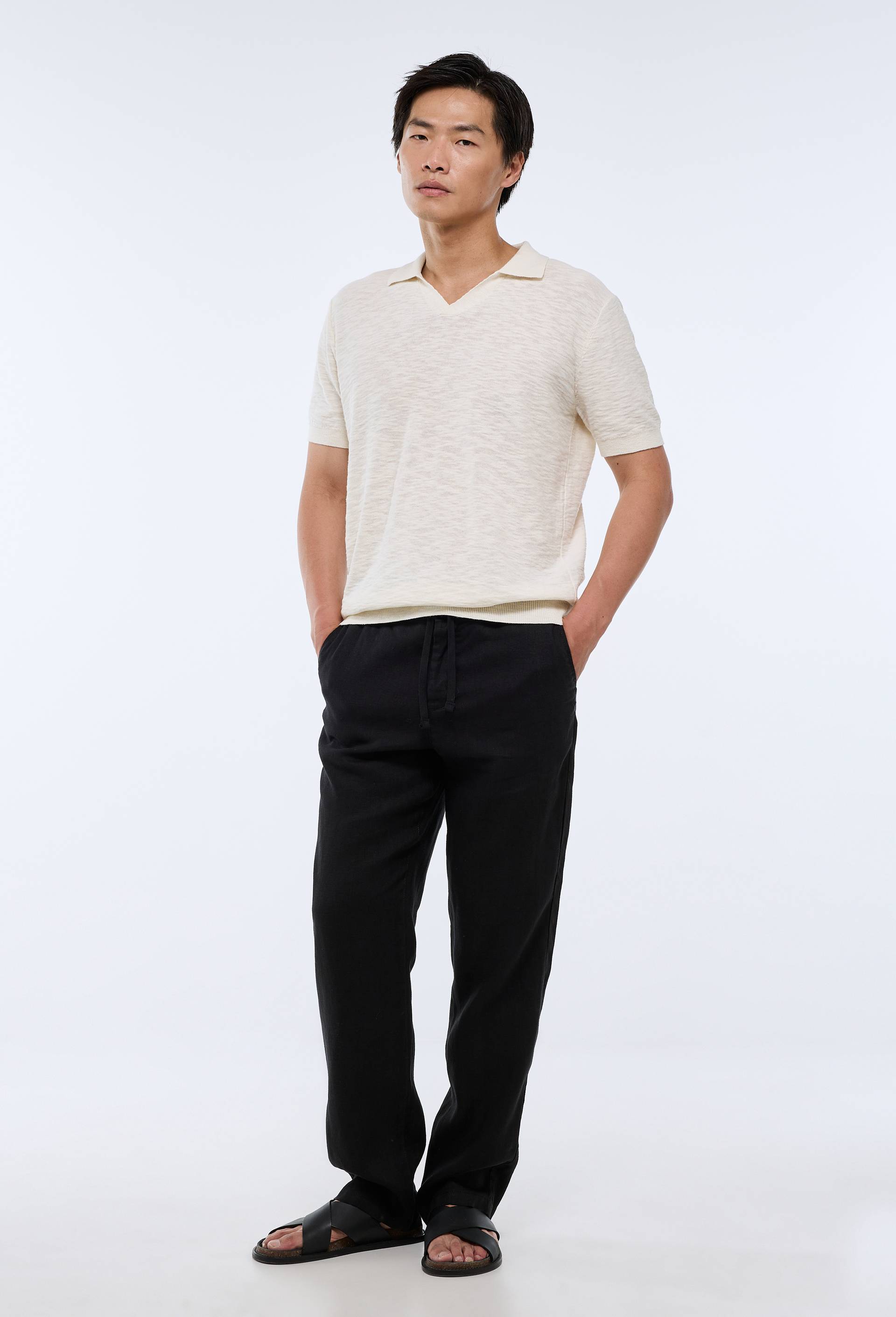 Pantalon &eacute;lastiqu&eacute; en lin, Noir, swatch image