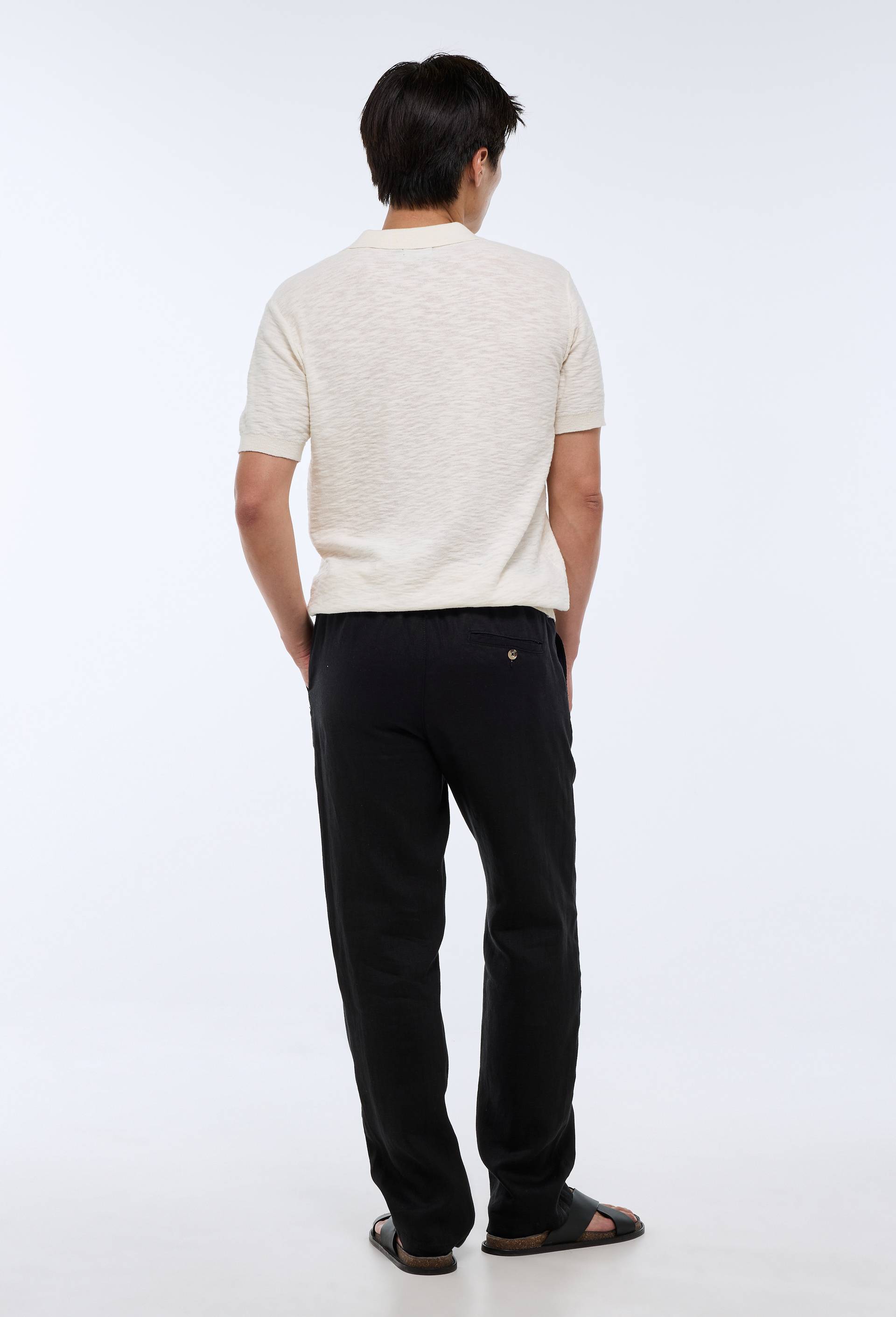 Pantalon &eacute;lastiqu&eacute; en lin, Noir, large image number 1.0