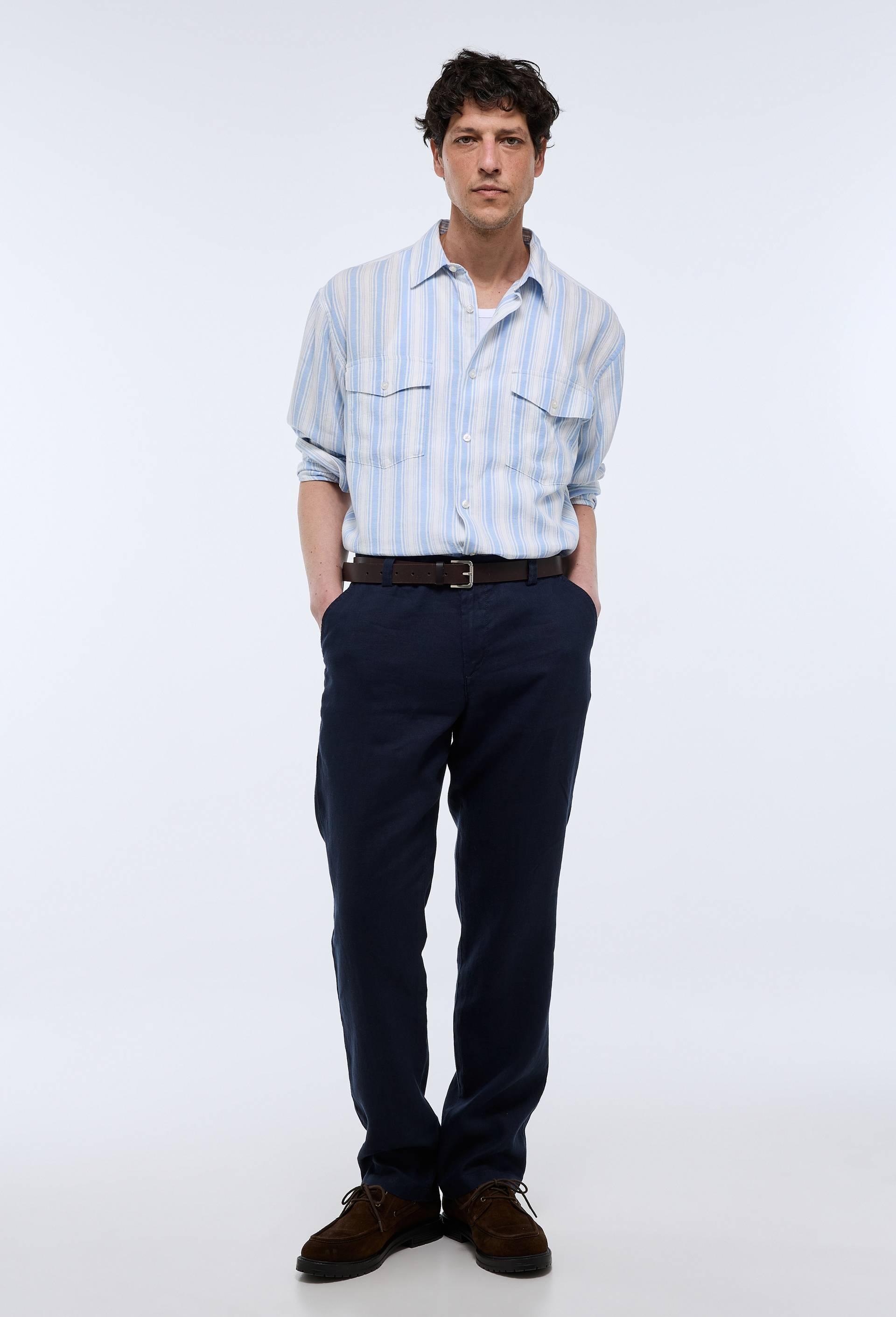 Pantalon boutonn&eacute; en lin, Bleu fonc&eacute;, large image number 0.0