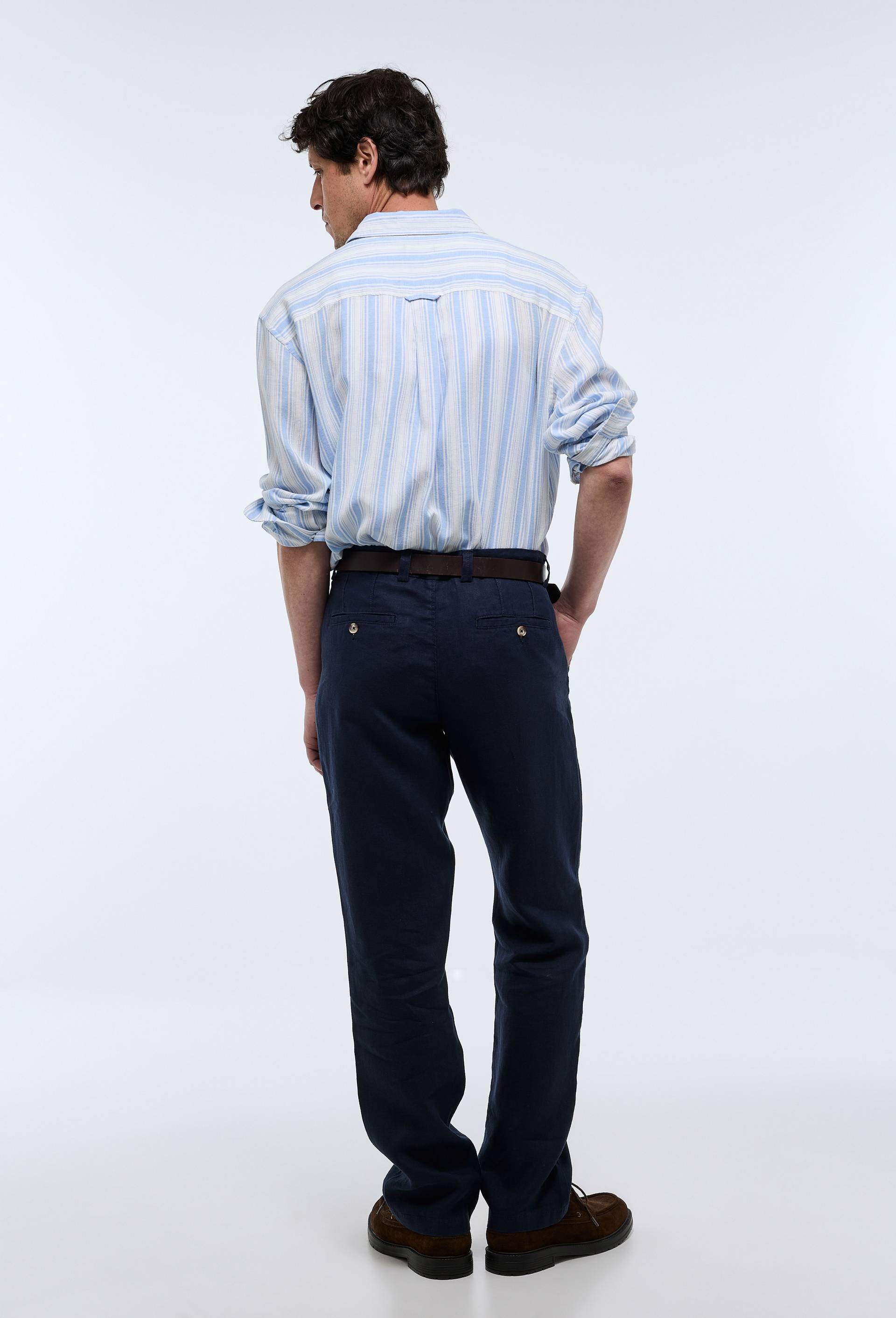 Pantalon boutonn&eacute; en lin, Bleu fonc&eacute;, large image number 1
