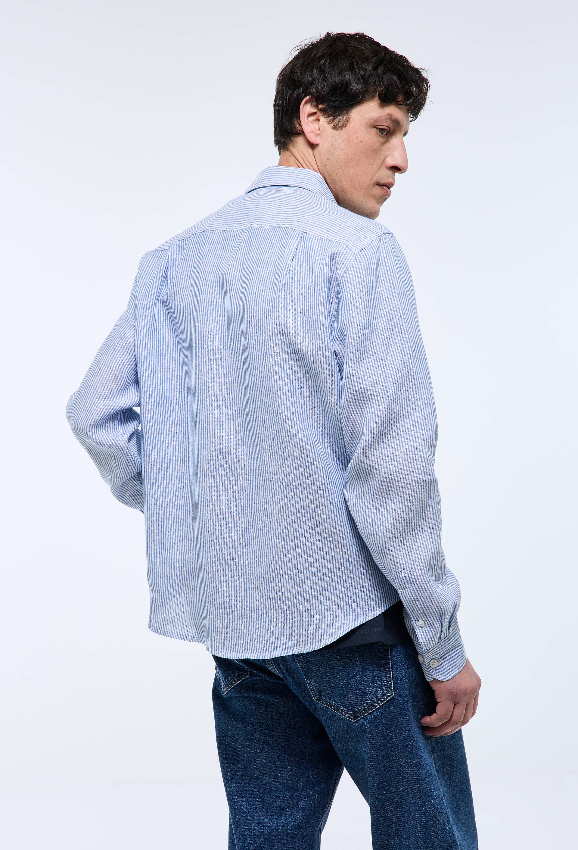 Chemise manches longues ray&eacute;e en lin, Bleu fonc&eacute;, large image number 2