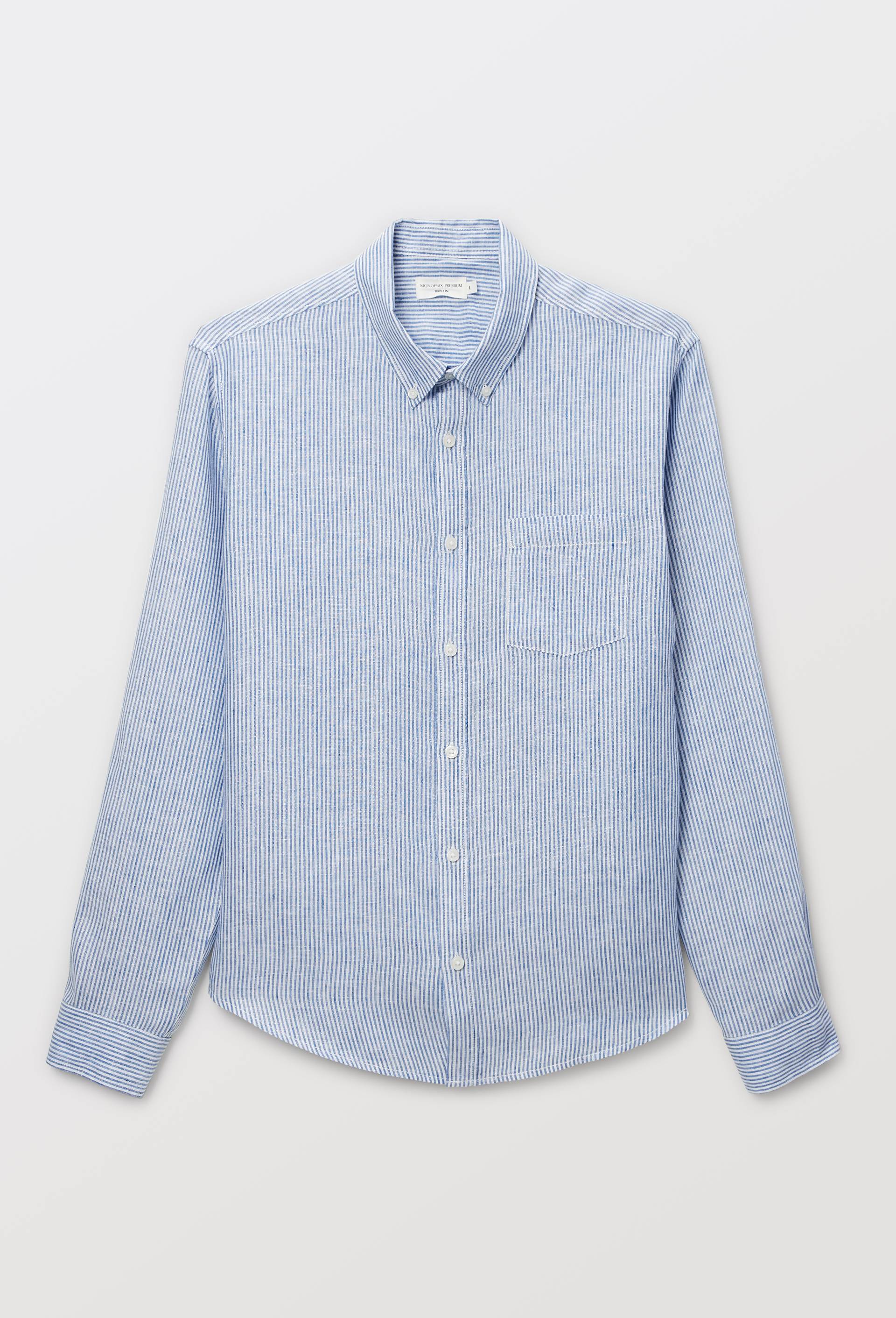 Chemise manches longues ray&eacute;e en lin, Bleu fonc&eacute;, large image number 3.0