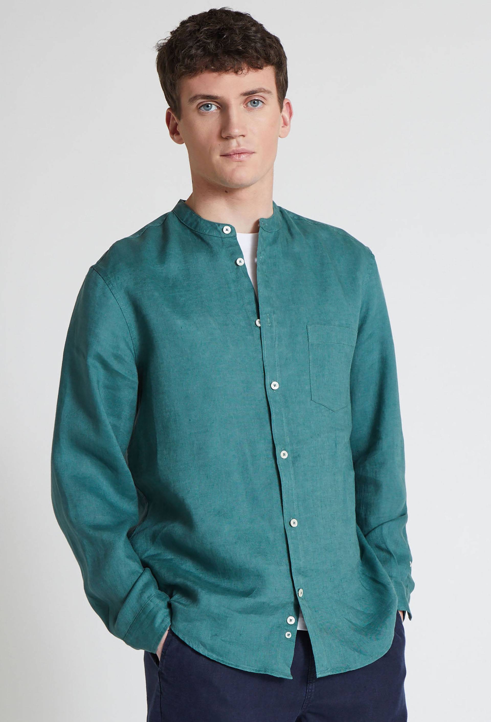 Chemise manches longues col mao en lin, Vert, large image number 0.0