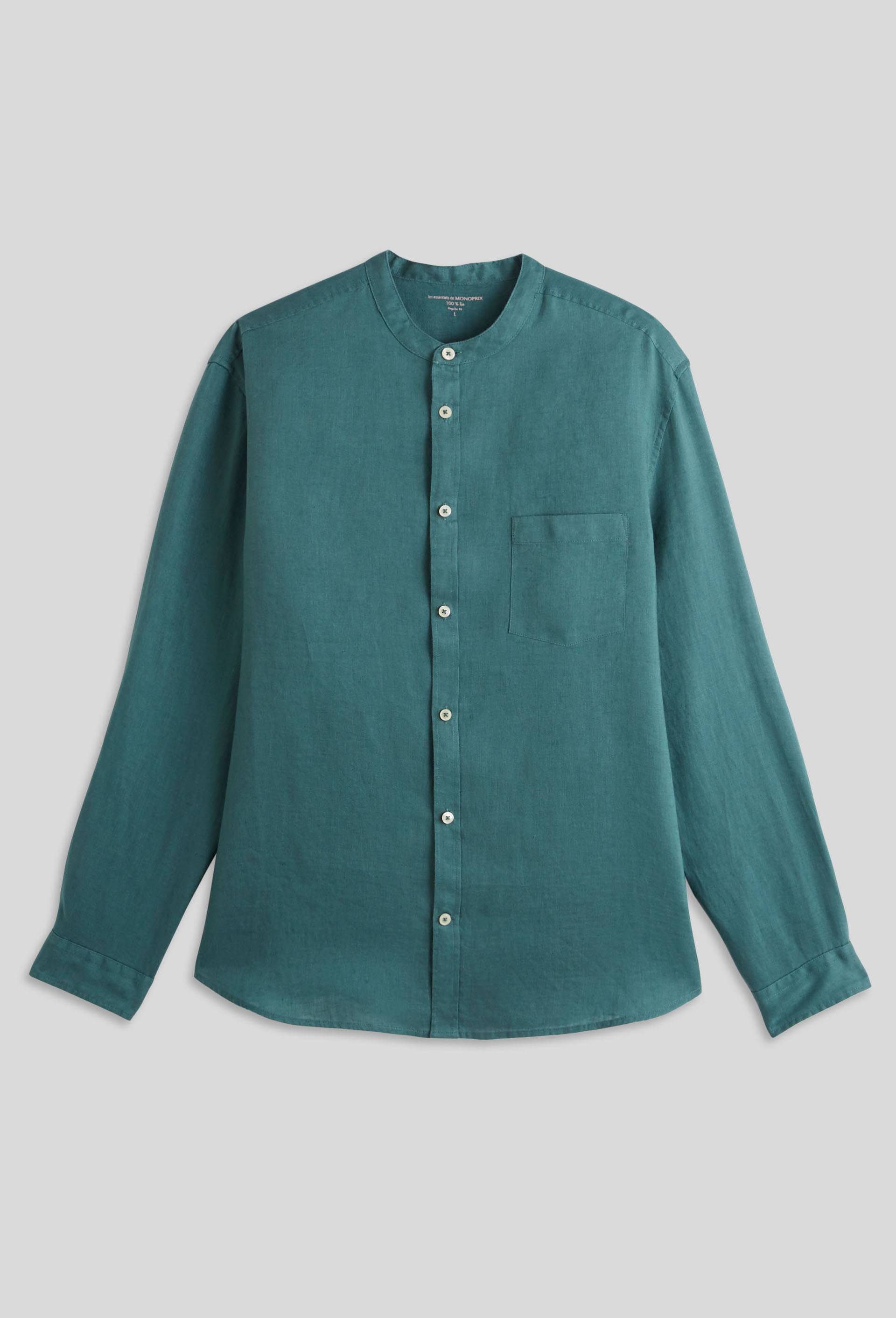 Chemise manches longues col mao en lin, Vert, large image number 2.0