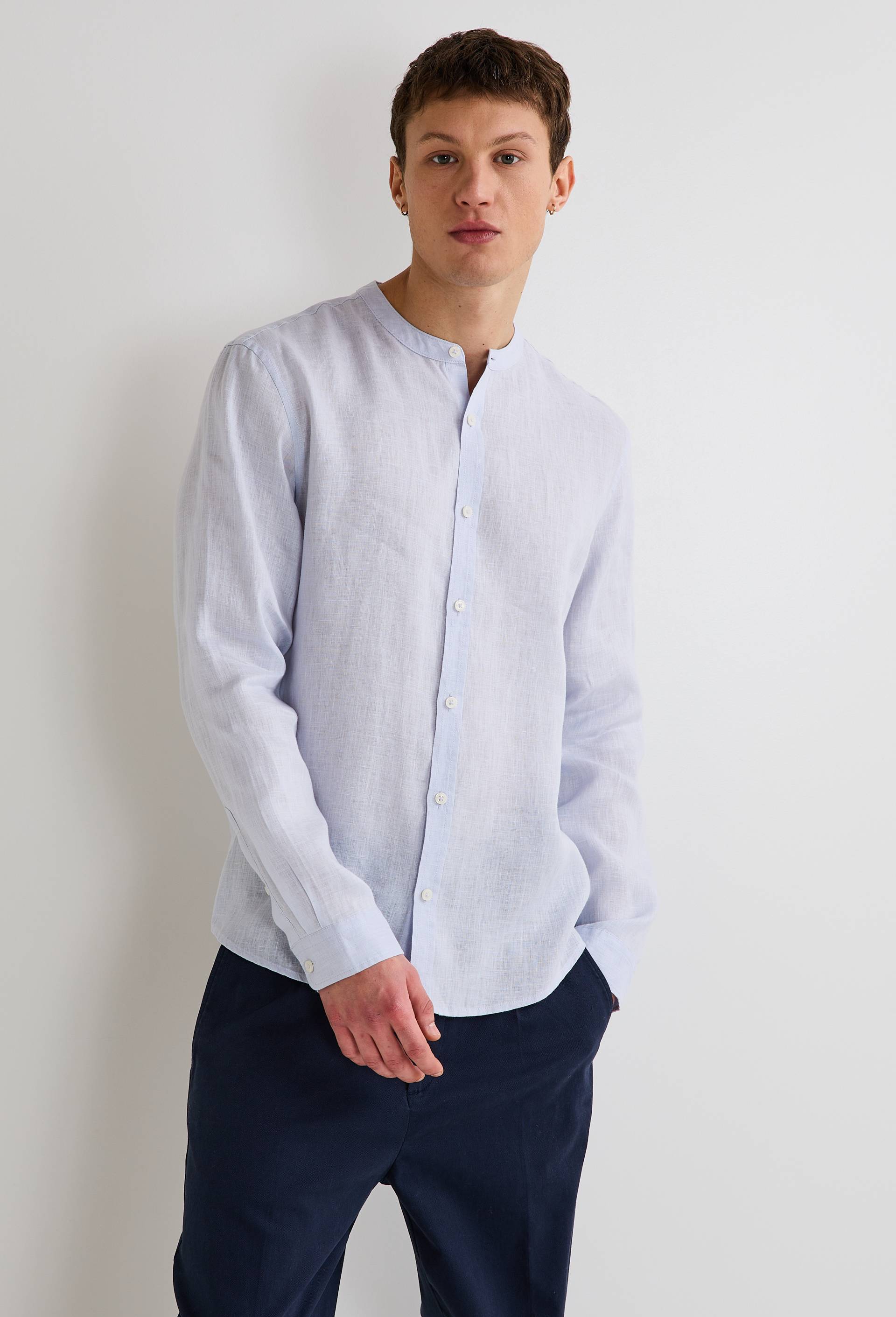 Chemise manches longues col mao en lin, Bleu clair, large image number 0