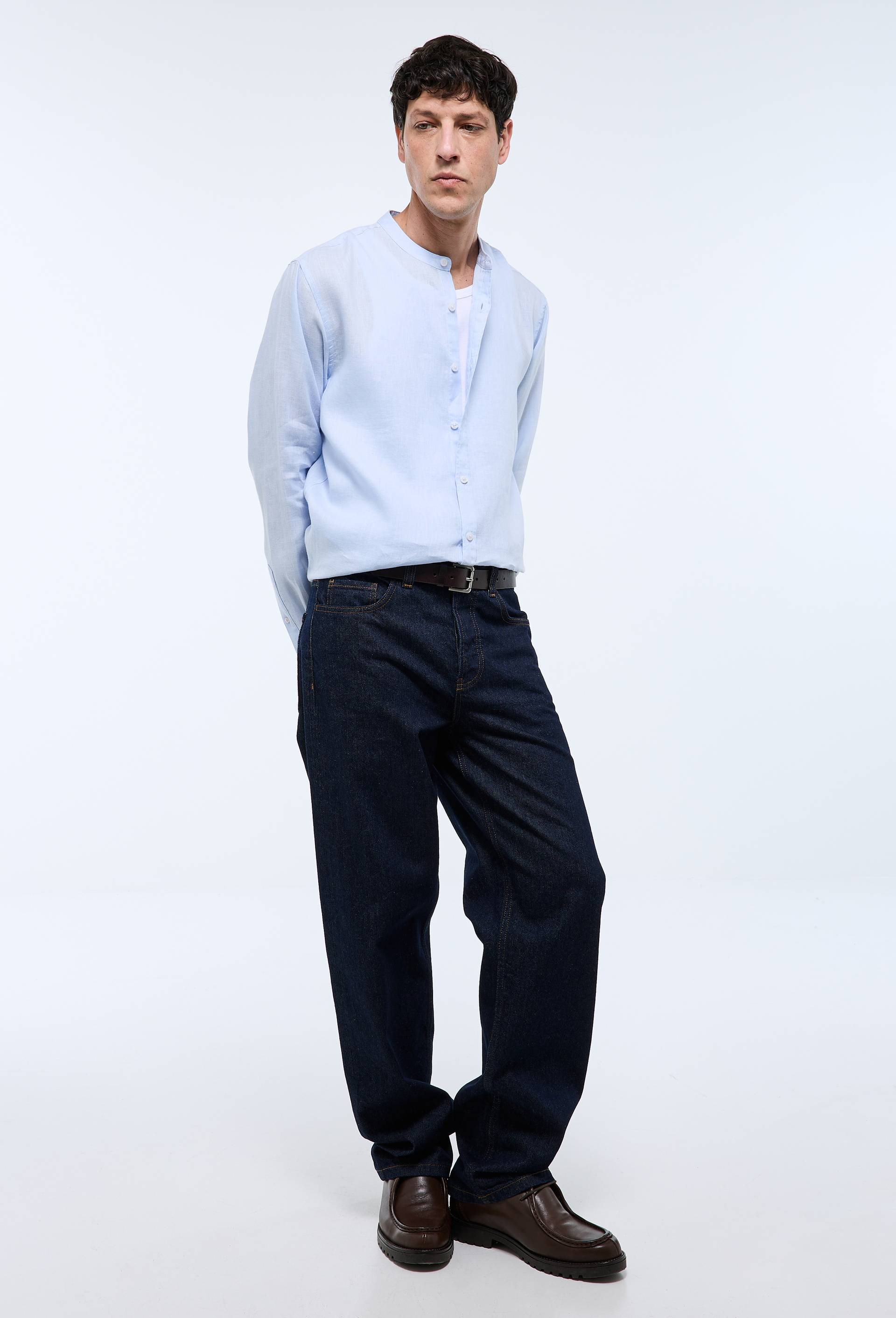 Chemise manches longues col mao en lin, Bleu clair, large image number 0